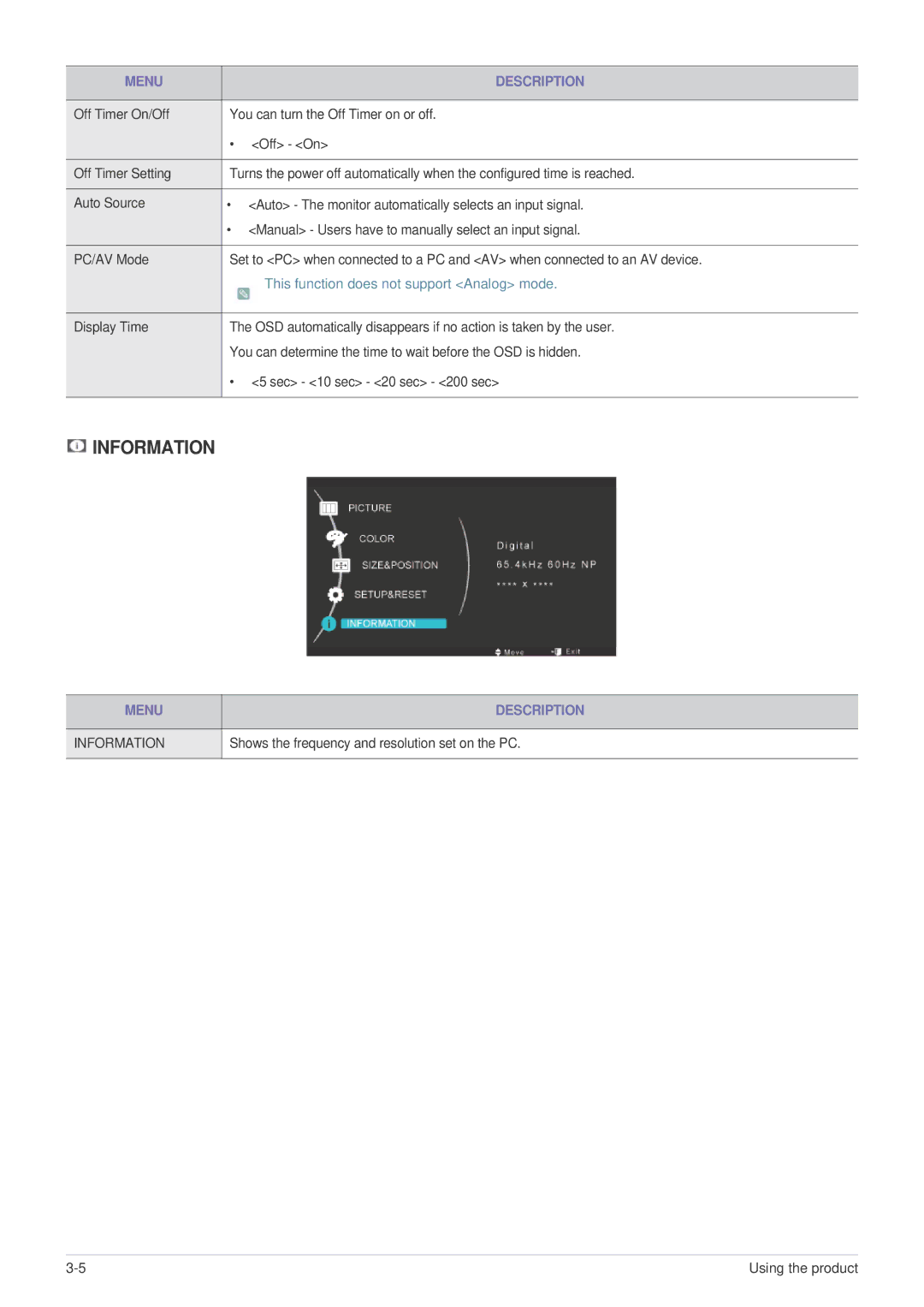 Samsung LS23MUPNB/EN manual This function does not support Analog mode, Shows the frequency and resolution set on the PC 