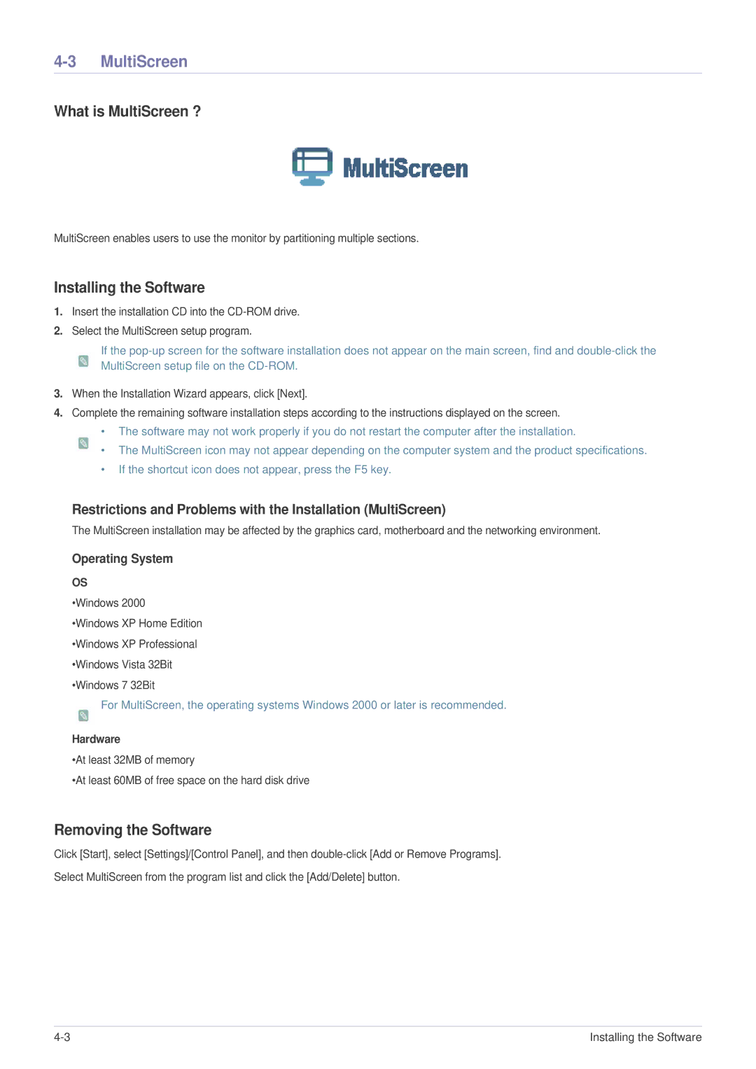 Samsung LS23MUQHB/EN, LS23MUPNB/EN What is MultiScreen ?, Restrictions and Problems with the Installation MultiScreen 