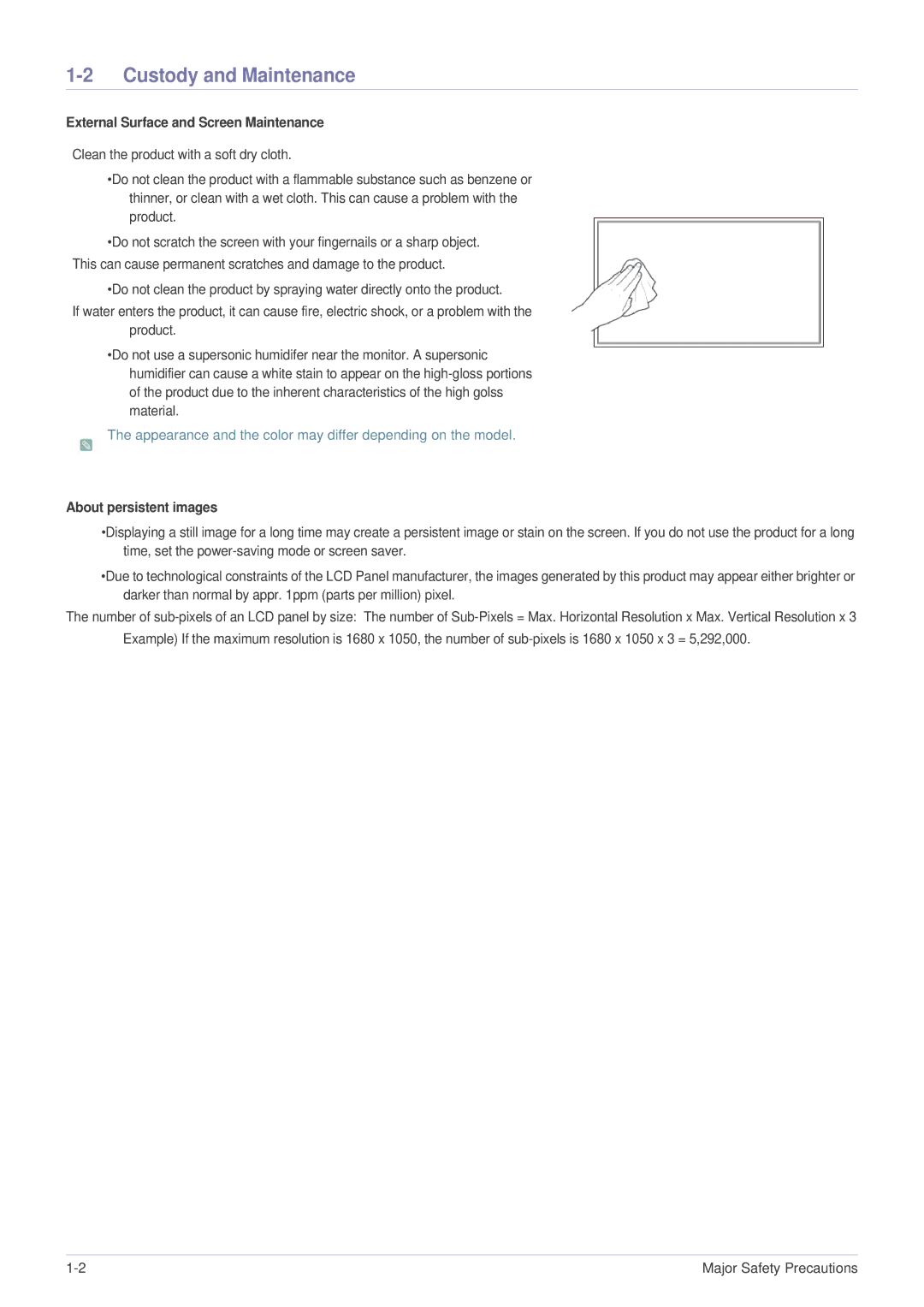 Samsung LS23MUQHB/EN manual Custody and Maintenance, External Surface and Screen Maintenance, About persistent images 