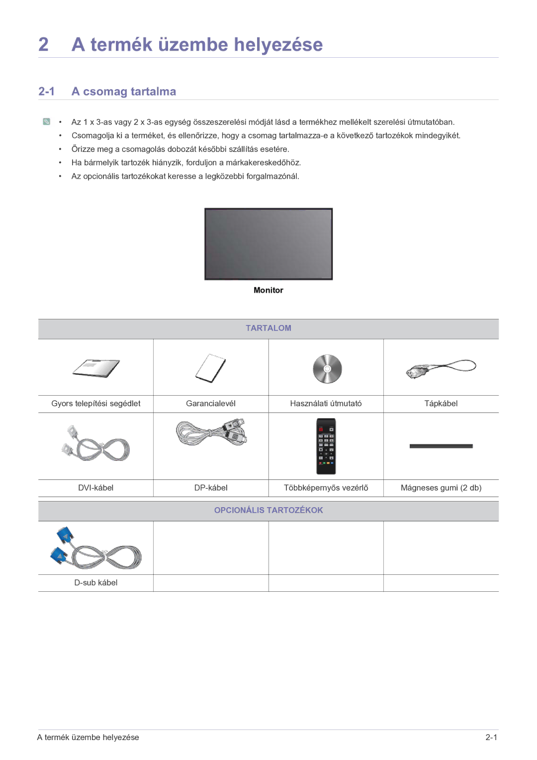 Samsung LS23MUPNBSEN, LS23MUQHB/EN, LS23MUQHBSEN Termék üzembe helyezése, Csomag tartalma, Tartalom, Opcionális Tartozékok 