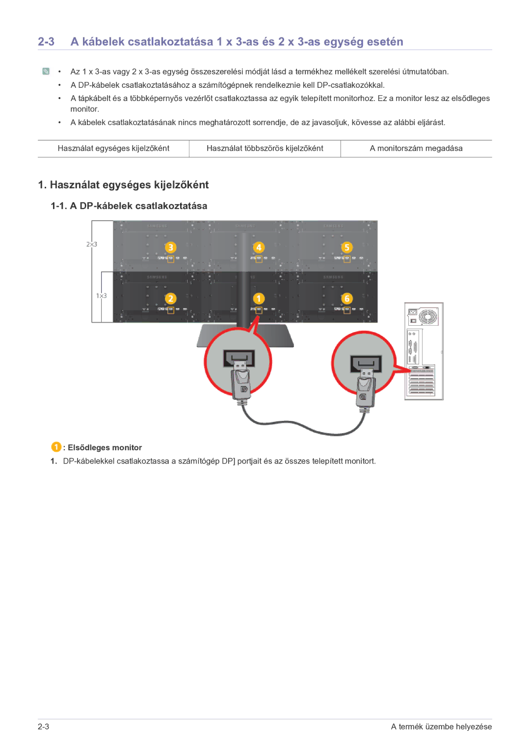 Samsung LS23MURHBSEN, LS23MUQHB/EN manual Használat egységes kijelzőként, DP-kábelek csatlakoztatása, Elsődleges monitor 