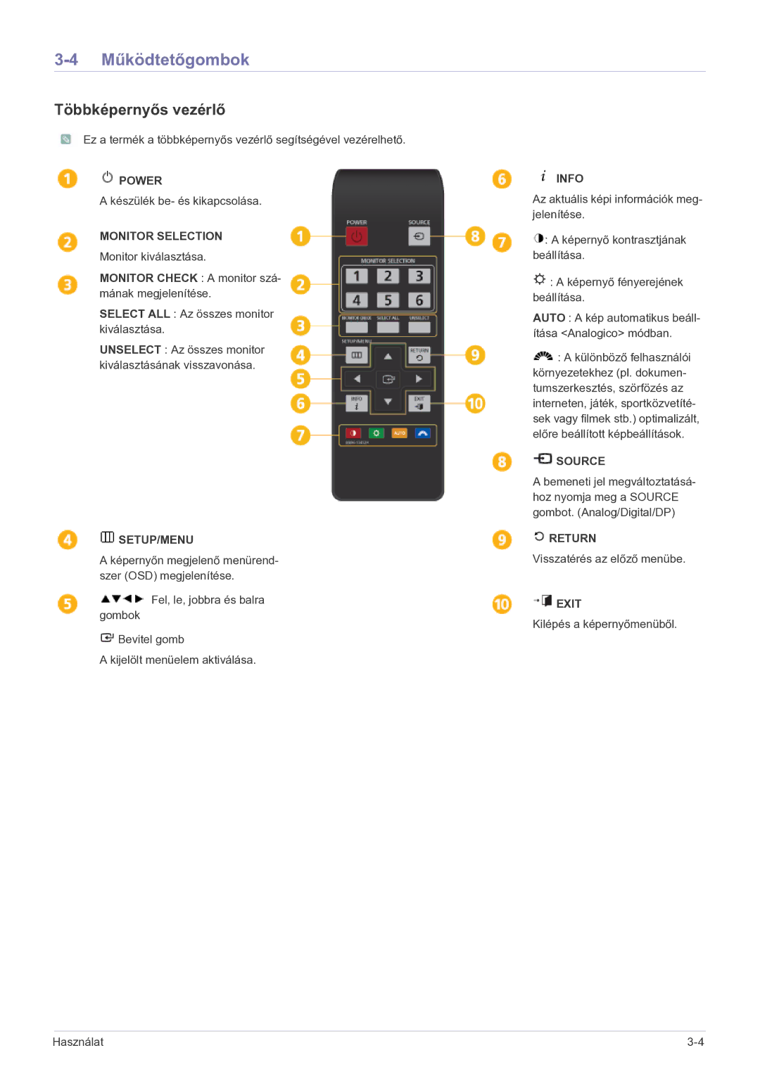 Samsung LS23MUPNBSEN, LS23MUQHB/EN, LS23MUQHBSEN, LS23MURHBSEN manual Működtetőgombok, Többképernyős vezérlő 