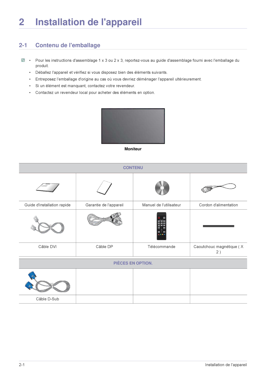 Samsung LS23MUQHB/EN, LS23MURHB/EN manual Installation de lappareil, Contenu de lemballage, Pièces EN Option 