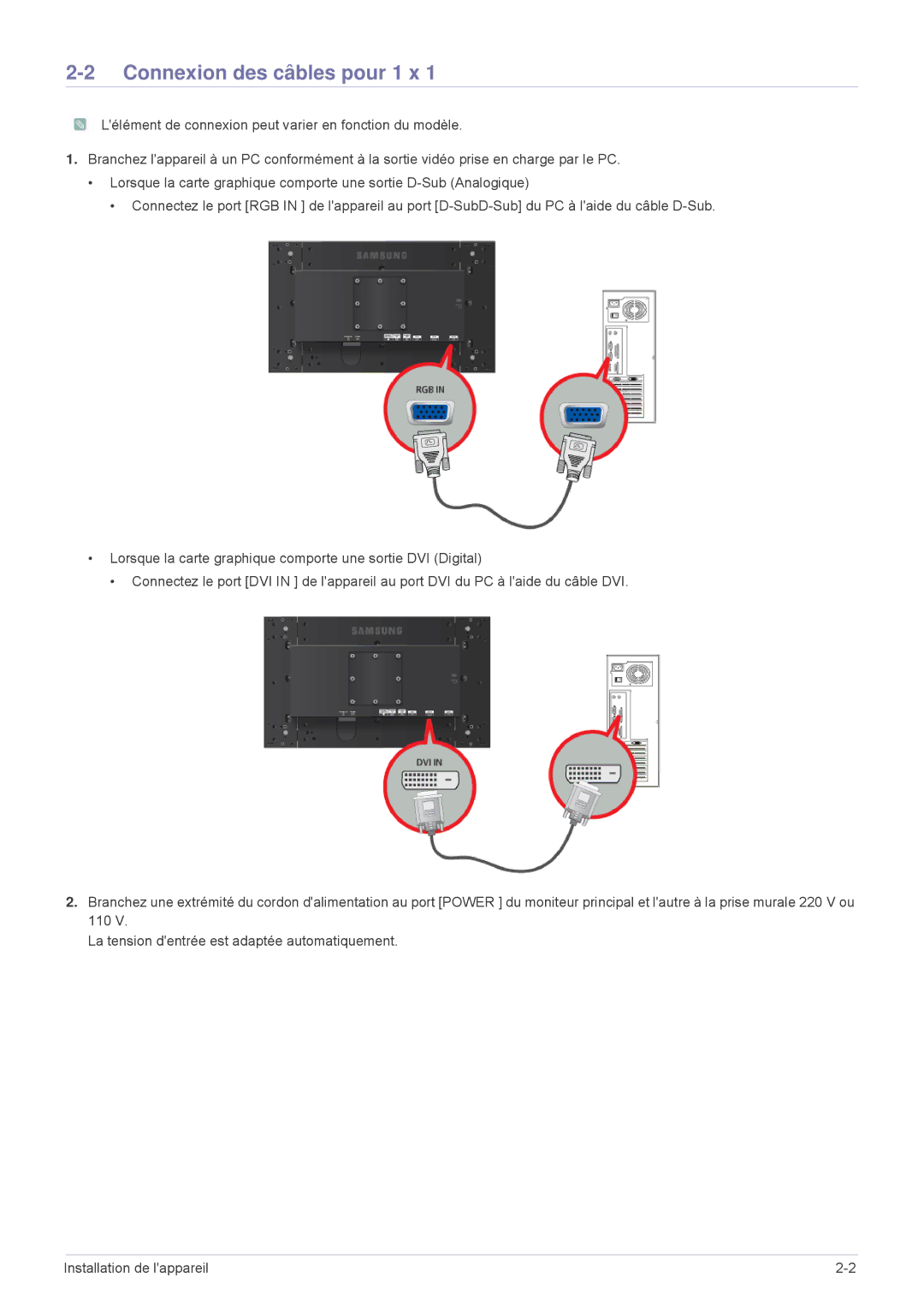 Samsung LS23MURHB/EN, LS23MUQHB/EN manual Connexion des câbles pour 1 x 