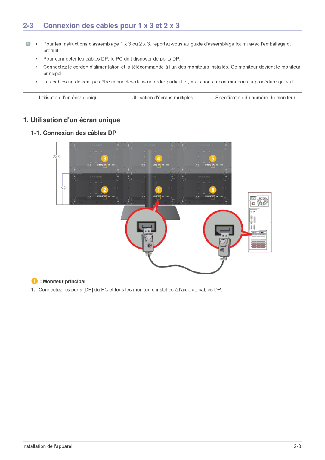 Samsung LS23MURHB/EN manual Connexion des câbles pour 1 x 3 et 2 x, Utilisation dun écran unique, Moniteur principal 