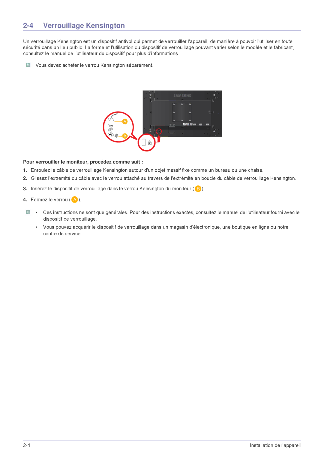 Samsung LS23MUQHB/EN, LS23MURHB/EN manual Verrouillage Kensington, Pour verrouiller le moniteur, procédez comme suit 