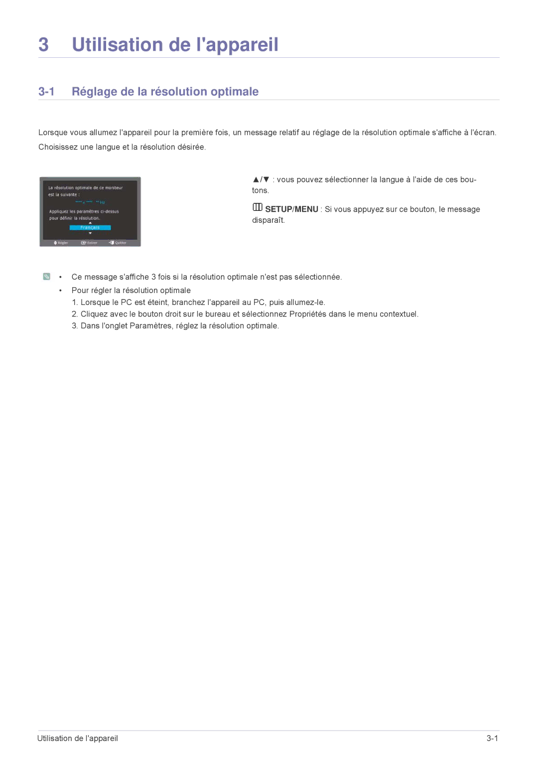 Samsung LS23MURHB/EN, LS23MUQHB/EN manual Utilisation de lappareil, Réglage de la résolution optimale 