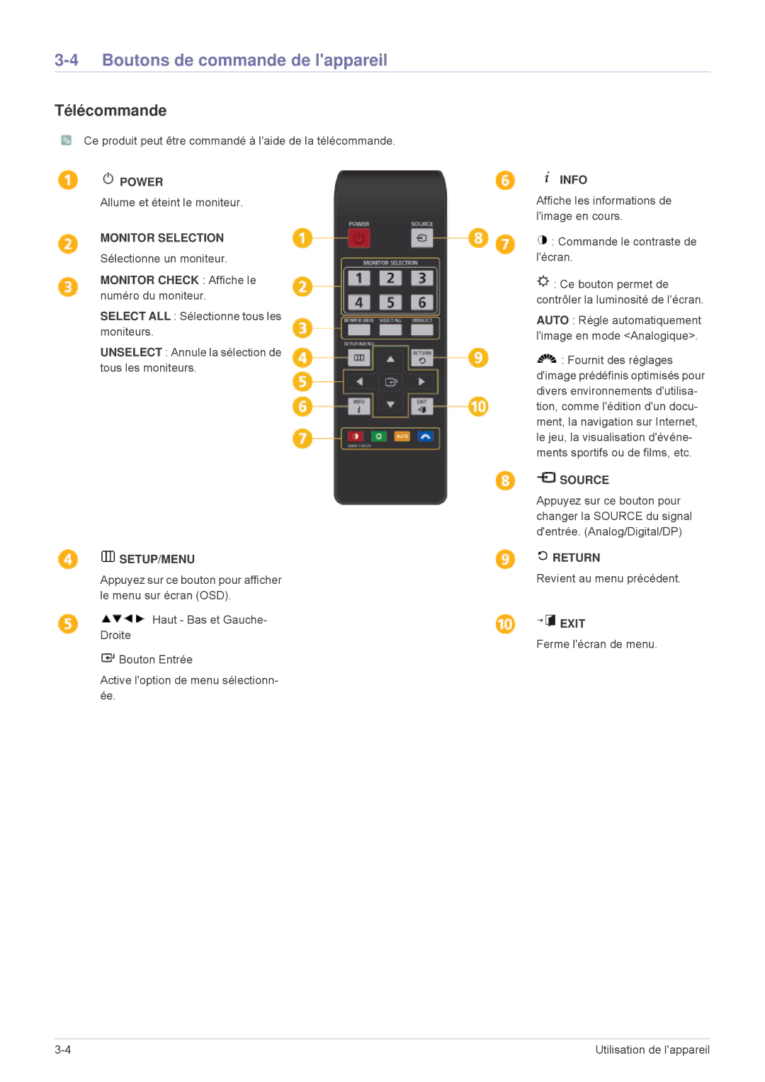 Samsung LS23MUQHB/EN manual Boutons de commande de lappareil, Télécommande, Monitor Check Affiche le numéro du moniteur 