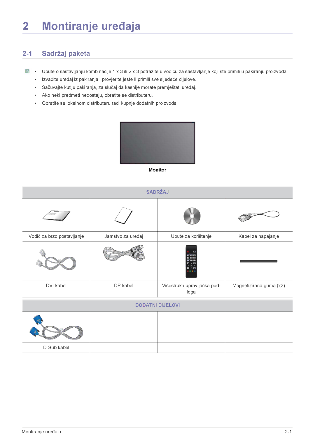 Samsung LS23MURHB/EN manual Montiranje uređaja, Sadržaj paketa, Dodatni Dijelovi 