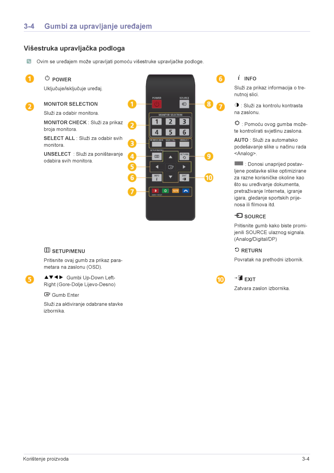 Samsung LS23MURHB/EN manual Gumbi za upravljanje uređajem, Višestruka upravljačka podloga 