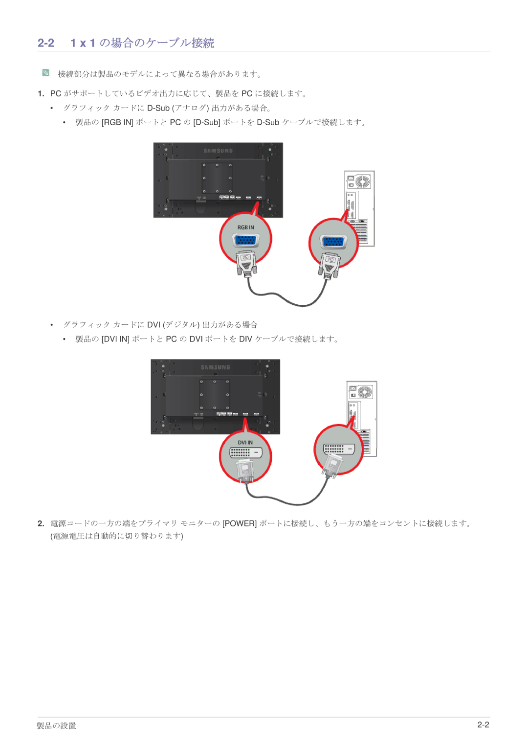 Samsung LS23MUQHB/XJ, LS23MURHB/XJ, LS23MUPNB/XJ manual 1 x 1 の場合のケーブル接続 