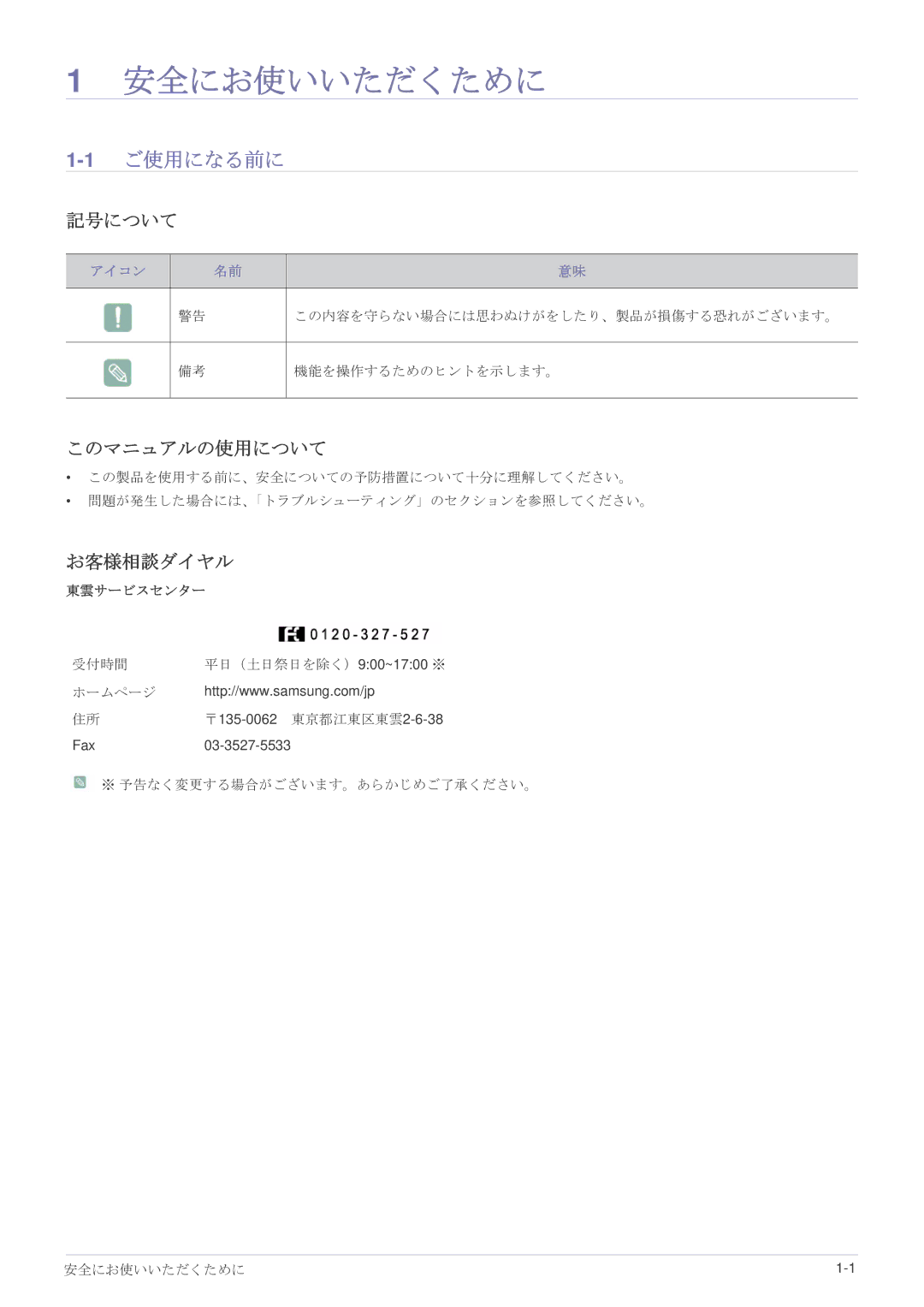 Samsung LS23MURHB/XJ, LS23MUQHB/XJ, LS23MUPNB/XJ manual 安全にお使いいただくために, 1ご使用になる前に, 記号について, このマニュアルの使用について, お客様相談ダイヤル 