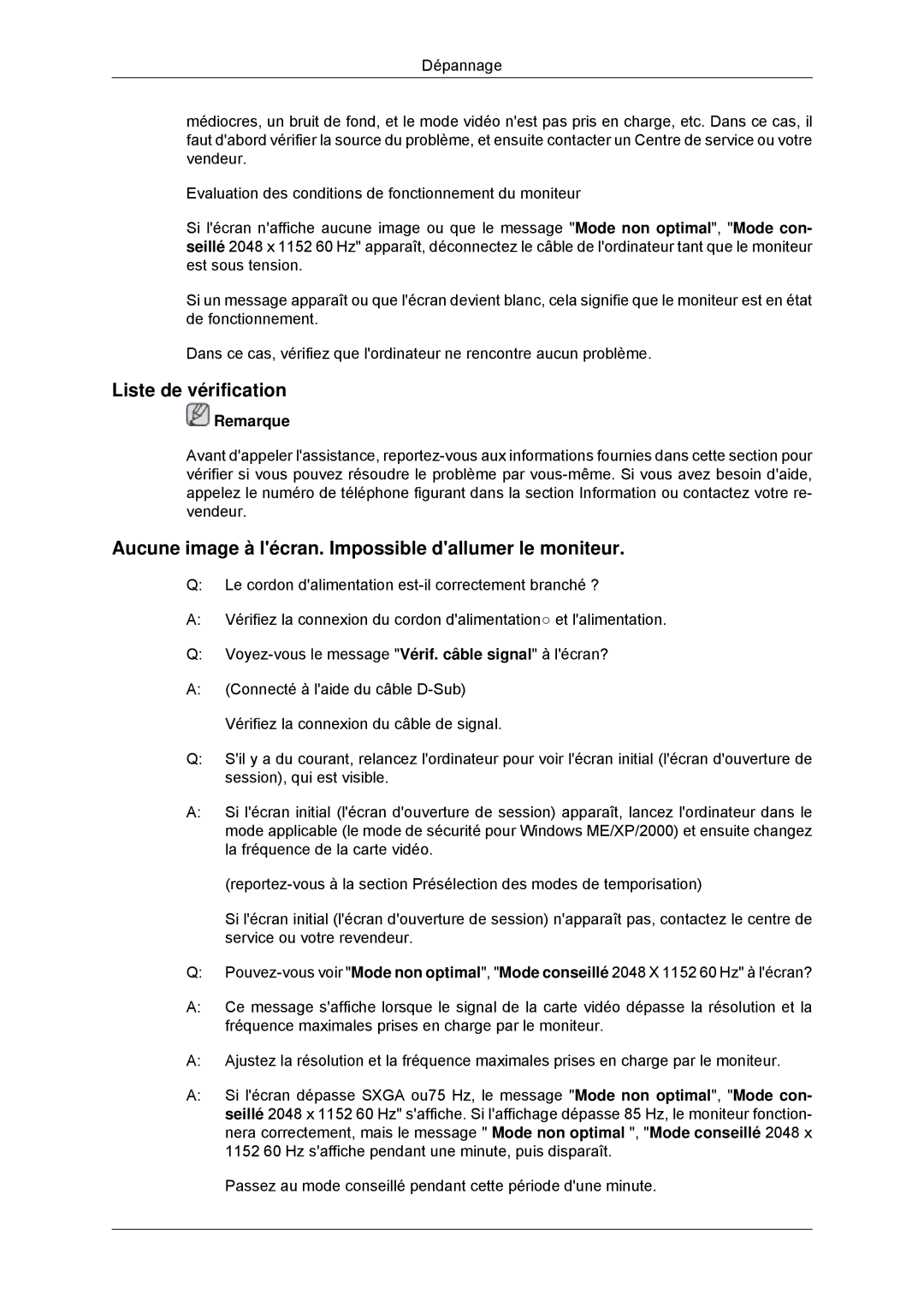 Samsung LS23MYYKBBA/EN, LS23MYYKBB/EDC manual Liste de vérification, Aucune image à lécran. Impossible dallumer le moniteur 