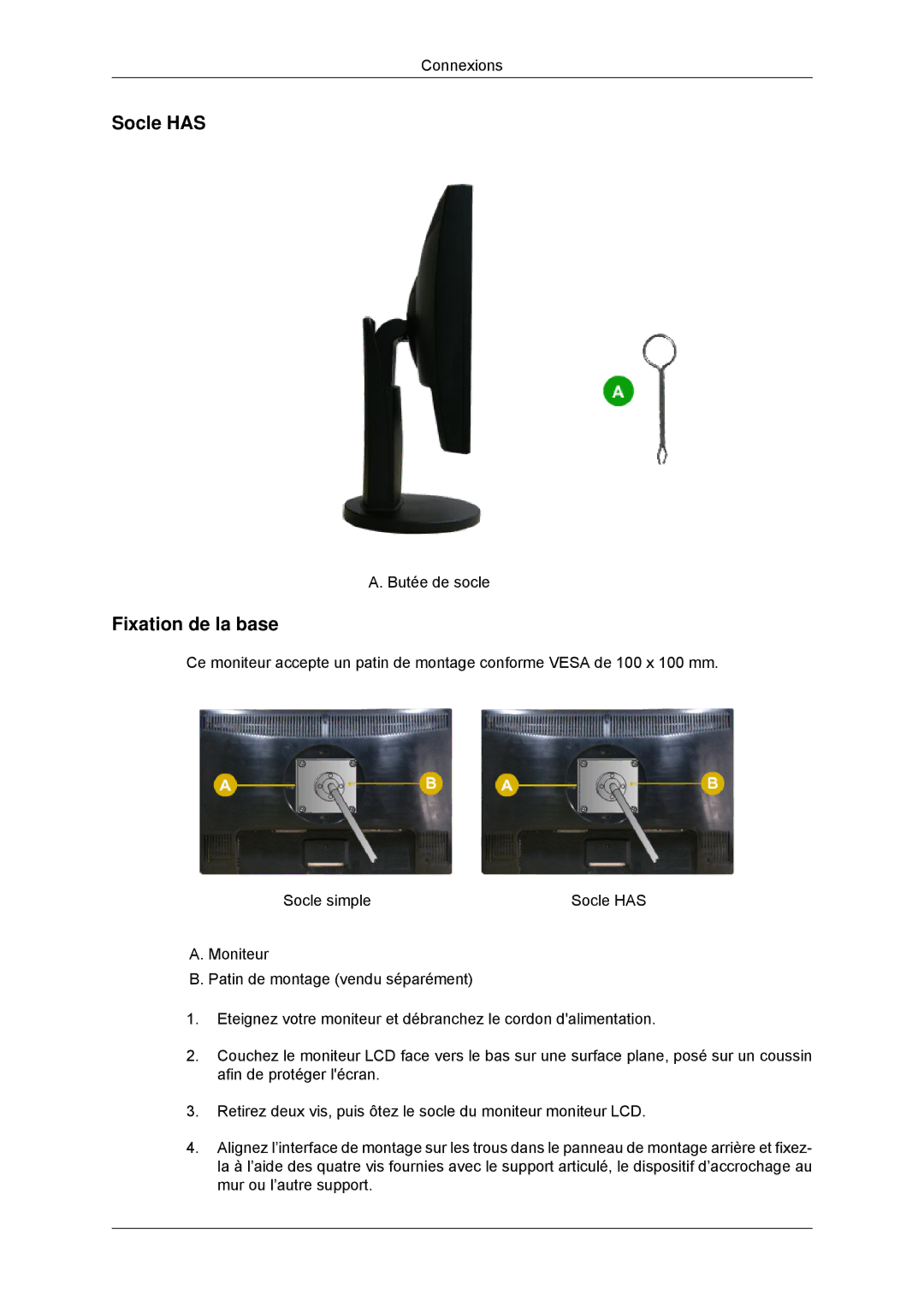 Samsung LS23MYYKBB/EDC, LS23MYYKBBA/EN manual Socle has, Fixation de la base 