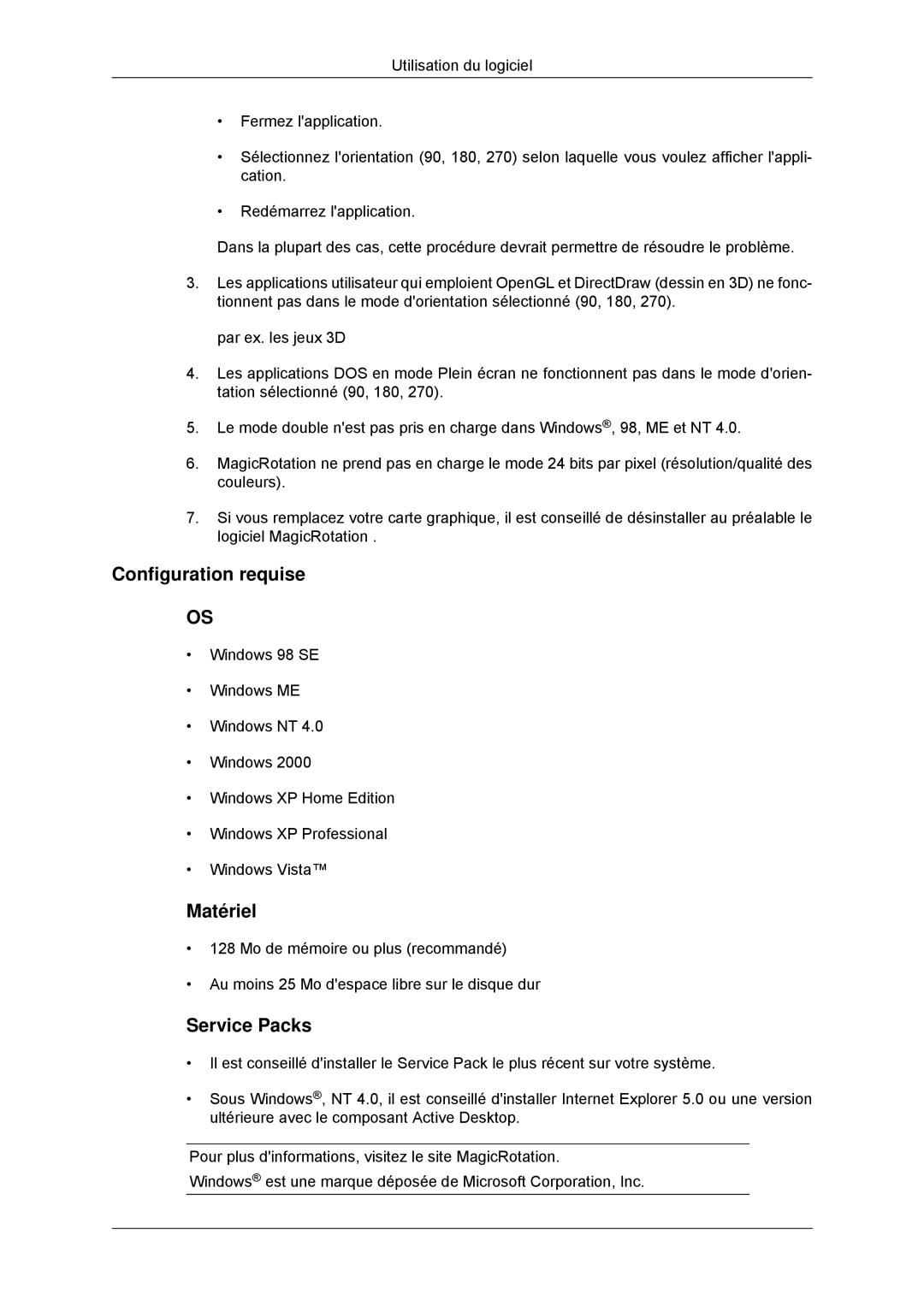 Samsung LS23MYYKBBA/EN, LS23MYYKBB/EDC manual Configuration requise, Service Packs 