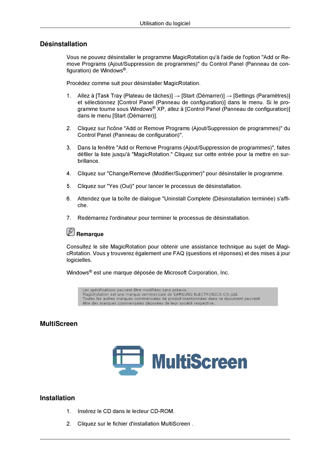 Samsung LS23MYYKBB/EDC, LS23MYYKBBA/EN manual Désinstallation, MultiScreen Installation 