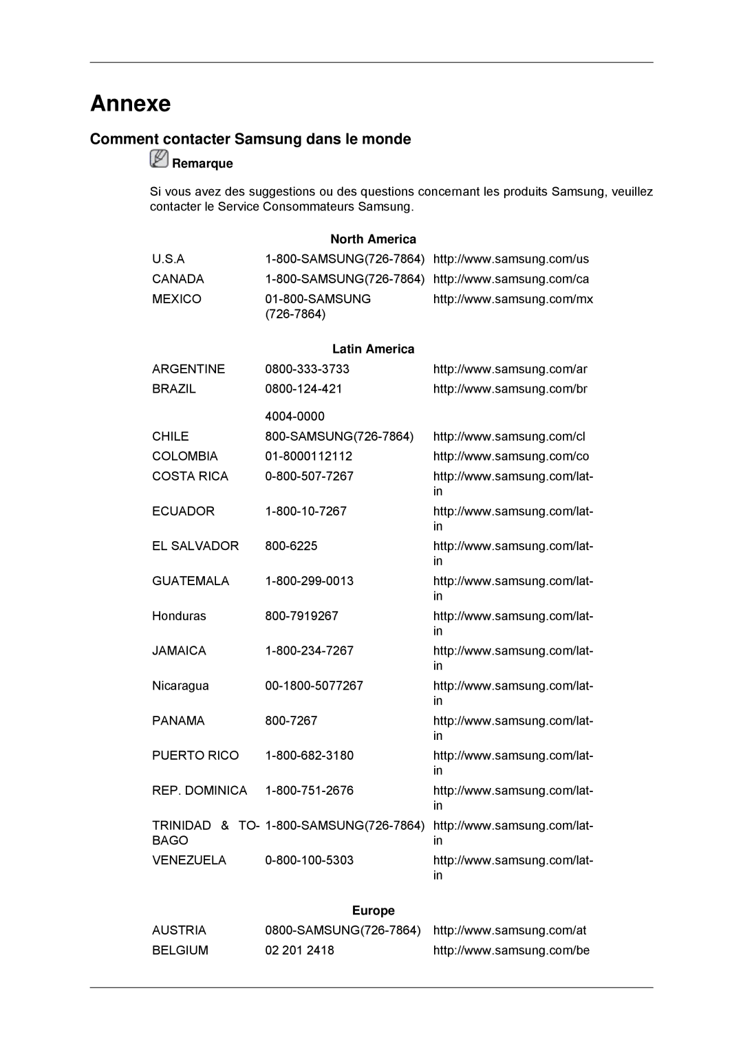 Samsung LS23MYYKBBA/EN manual Annexe, Comment contacter Samsung dans le monde, North America, Latin America, Europe 