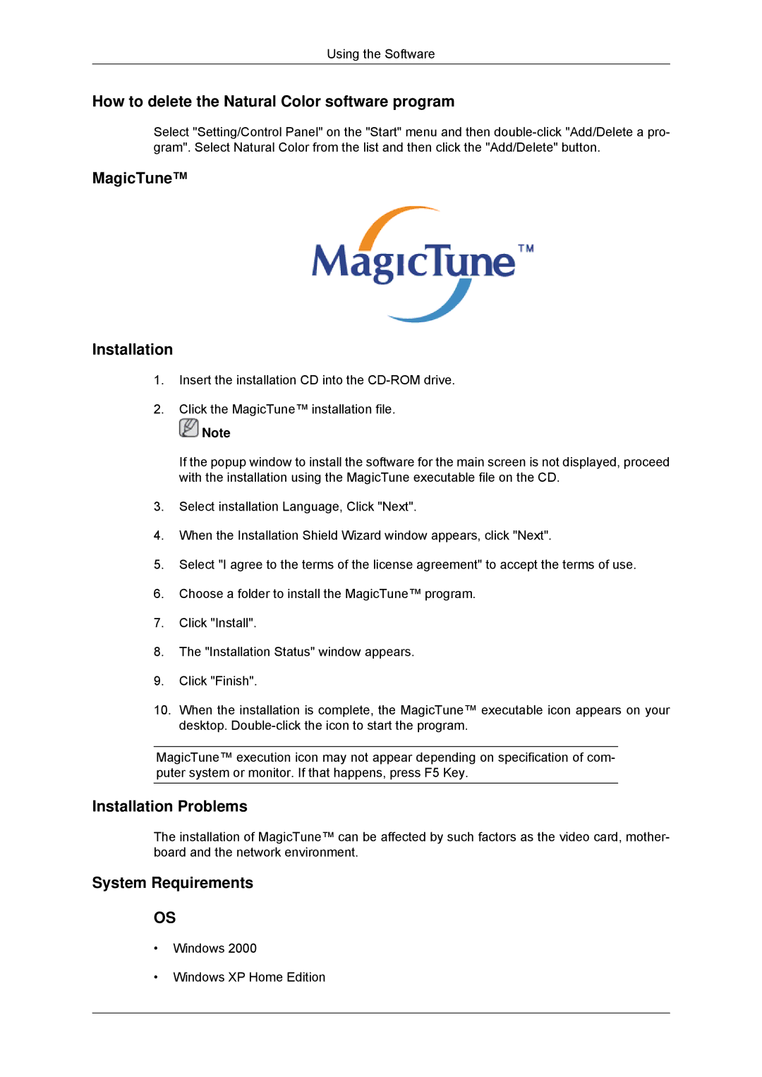 Samsung LS23MYYKBB/EDC How to delete the Natural Color software program, MagicTune Installation, Installation Problems 