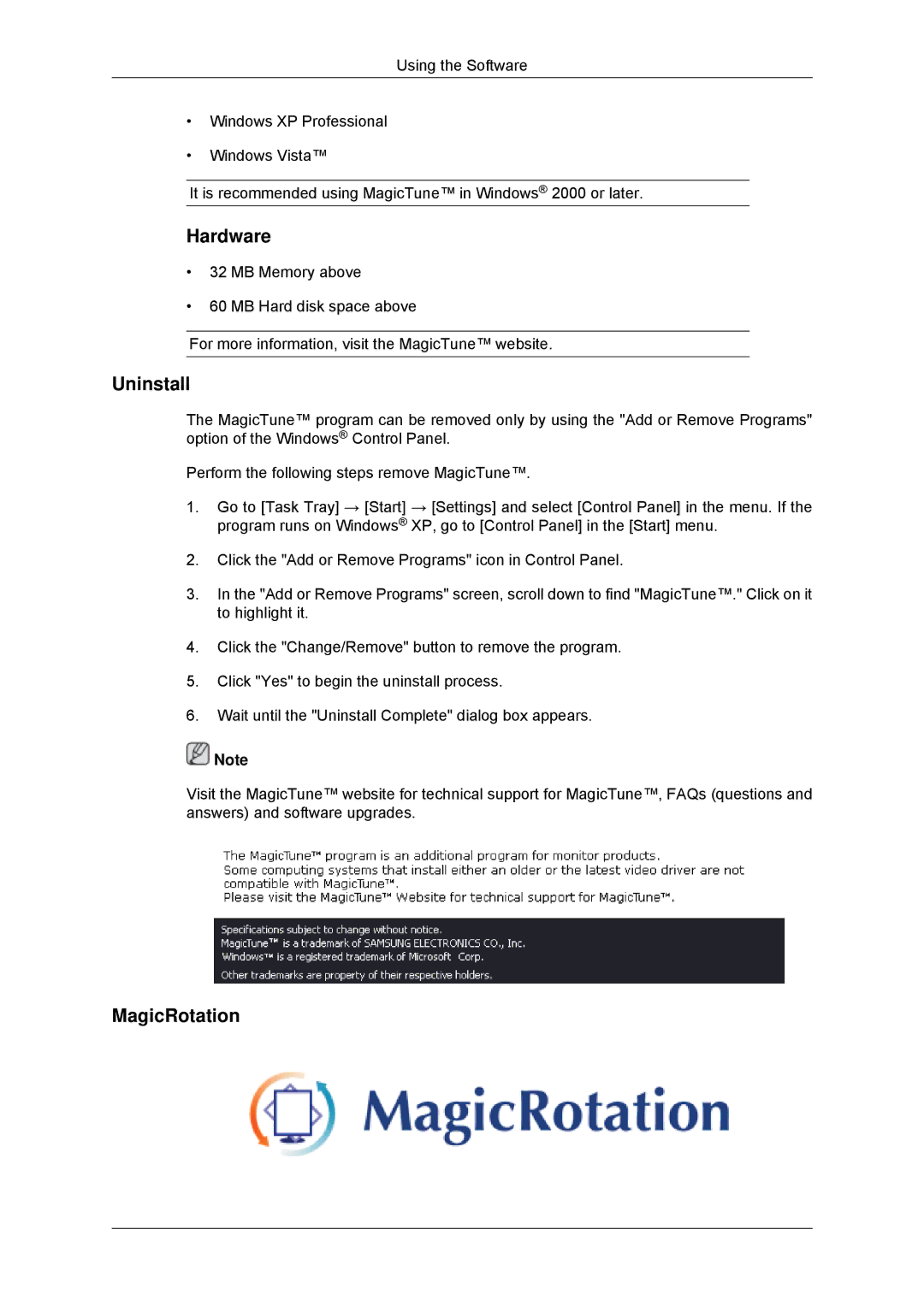 Samsung LS23MYYKBBA/EN, LS23MYYKBB/EDC manual Hardware, Uninstall, MagicRotation 