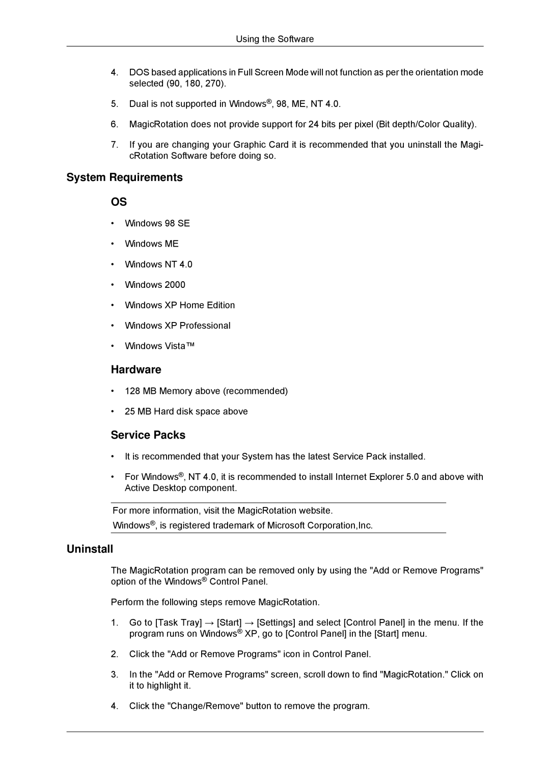 Samsung LS23MYYKBBA/EN, LS23MYYKBB/EDC manual System Requirements, Service Packs 