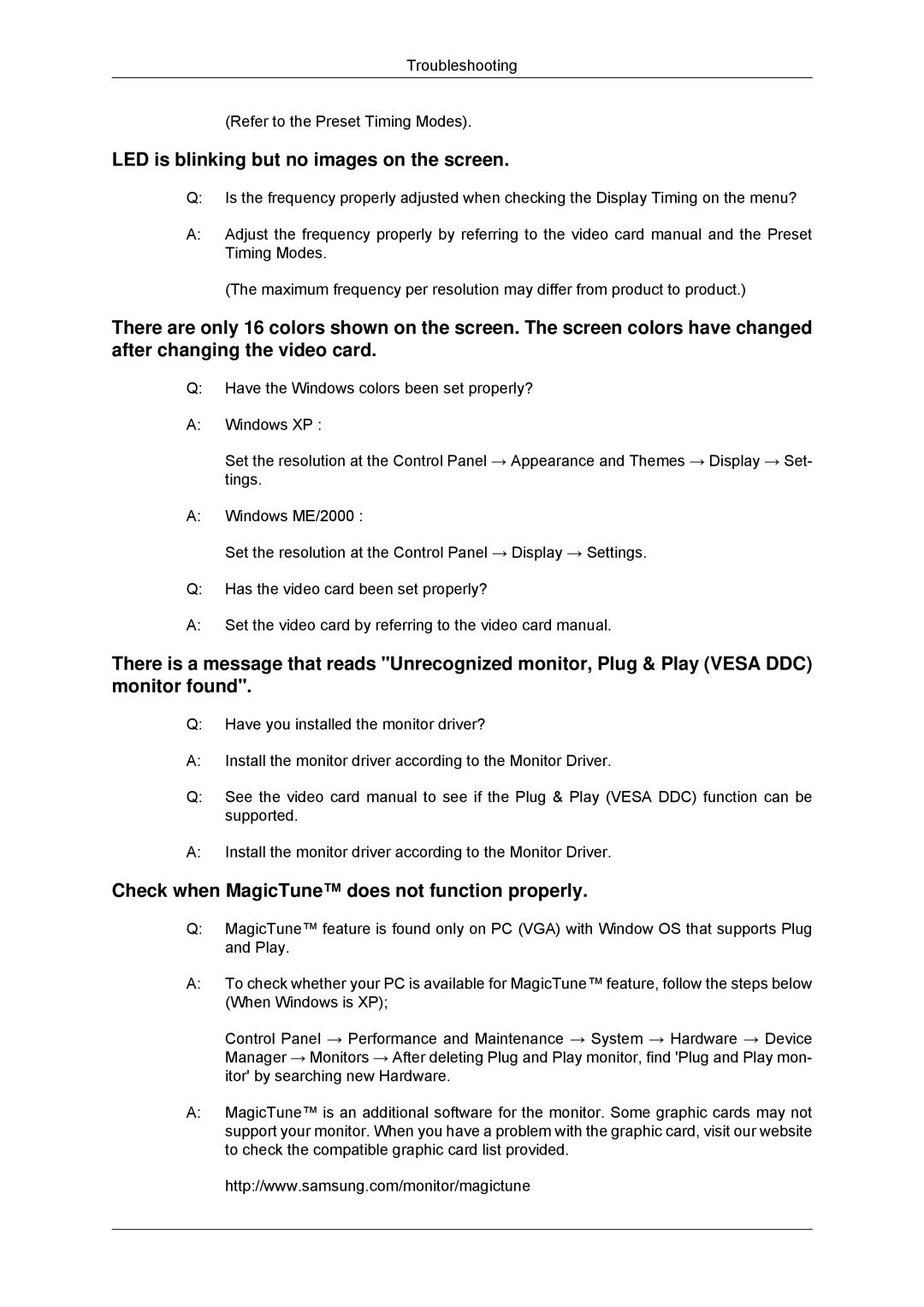 Samsung LS23MYYKBB/EDC manual LED is blinking but no images on the screen, Check when MagicTune does not function properly 