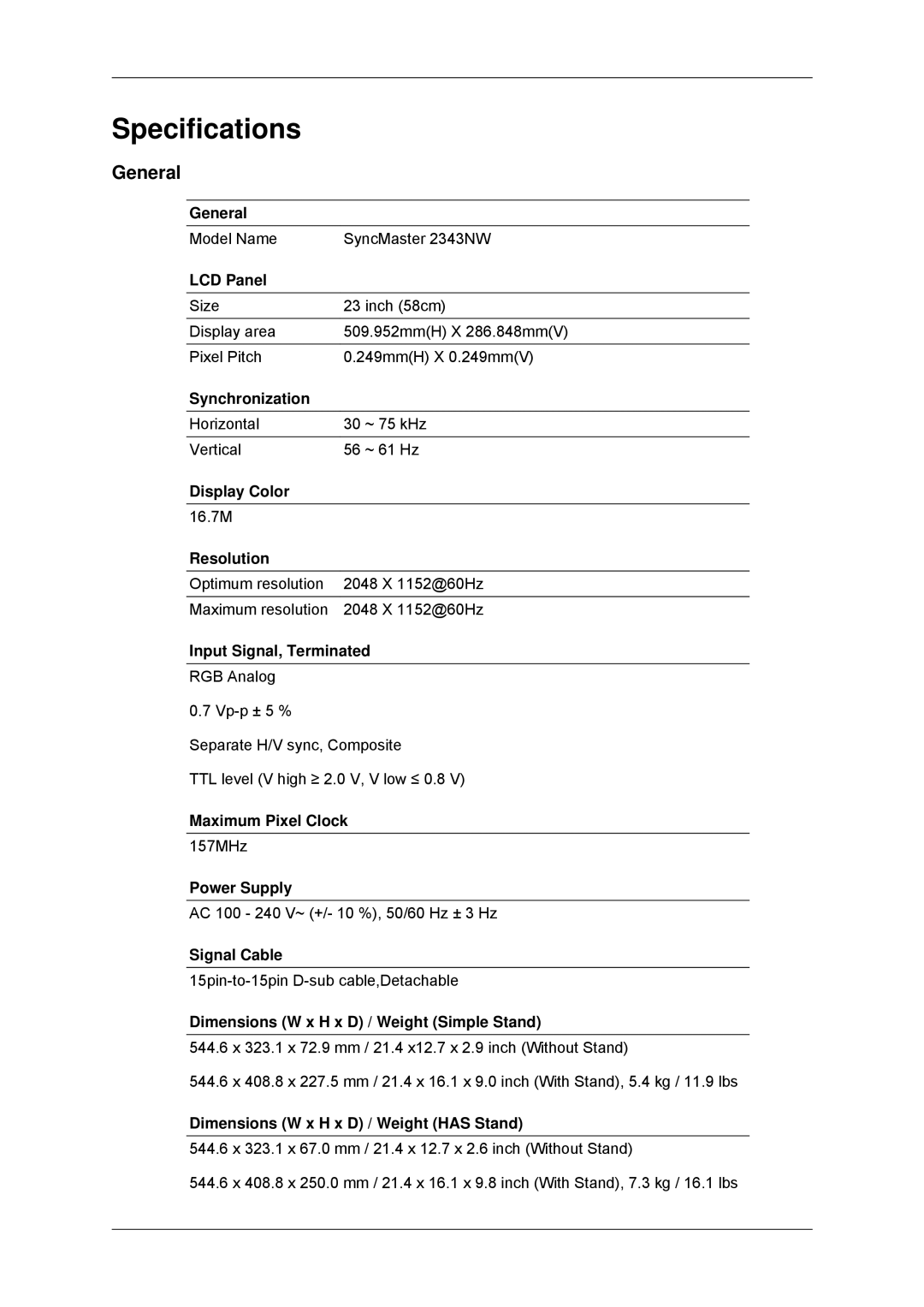 Samsung LS23MYYKBBA/EN, LS23MYYKBB/EDC manual Specifications, General 