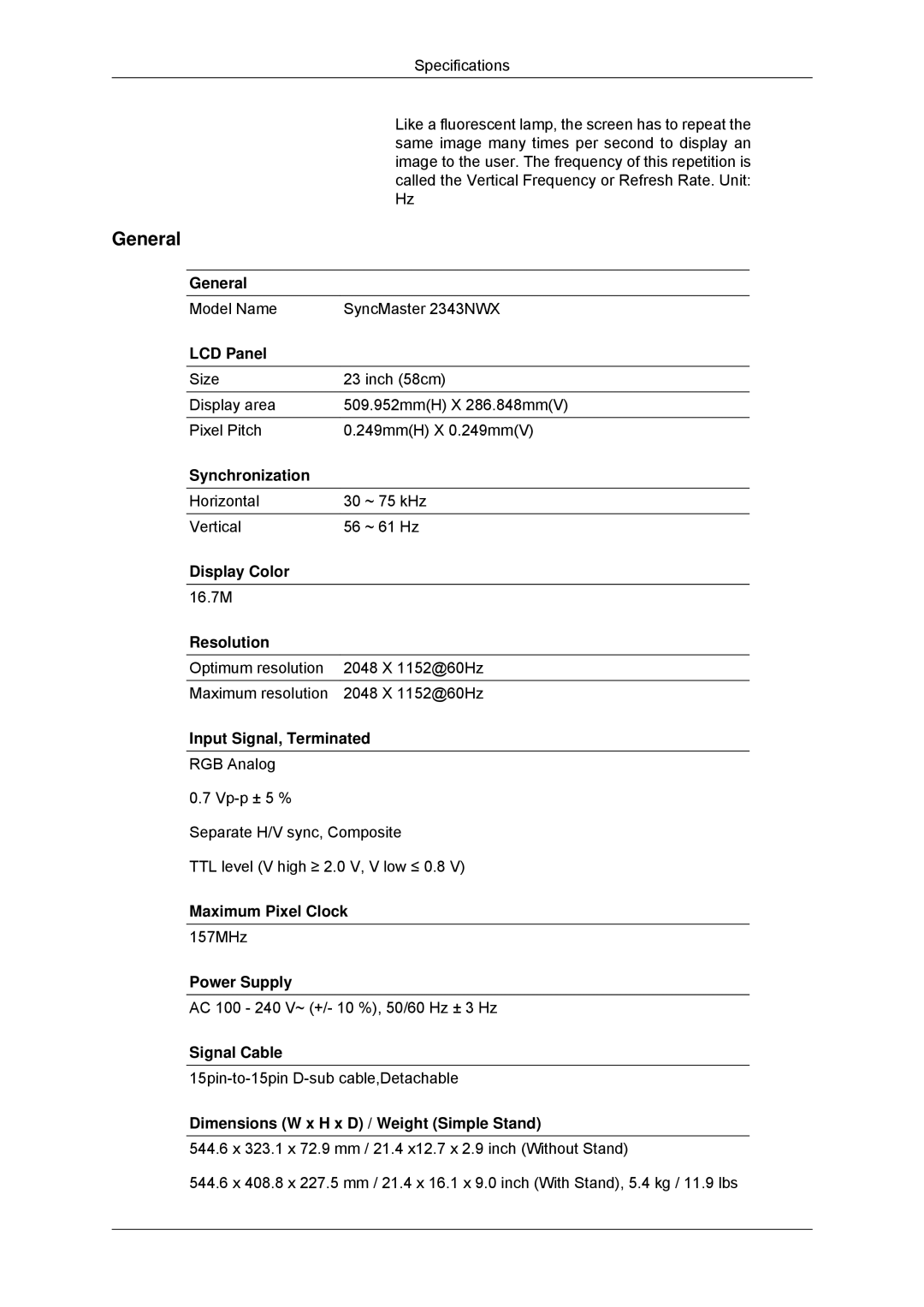 Samsung LS23MYYKBB/EDC, LS23MYYKBBA/EN manual Model Name SyncMaster 2343NWX 