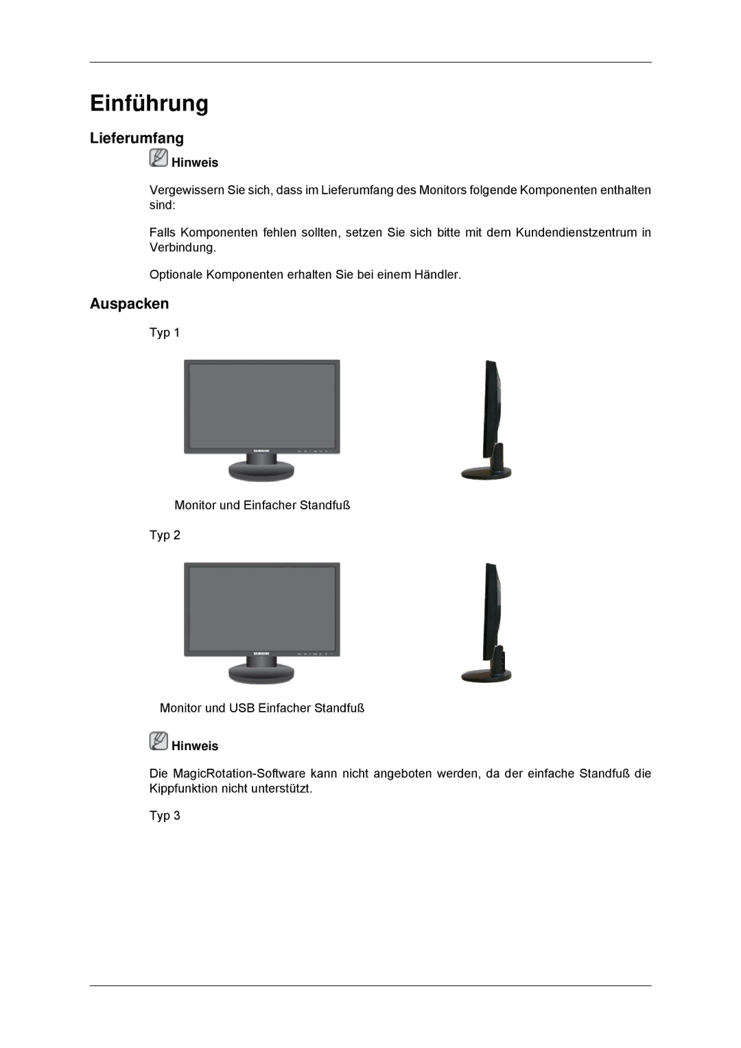 Samsung LS23MYYKBBA/EN, LS23MYYKBB/EDC manual Einführung, Lieferumfang, Auspacken 