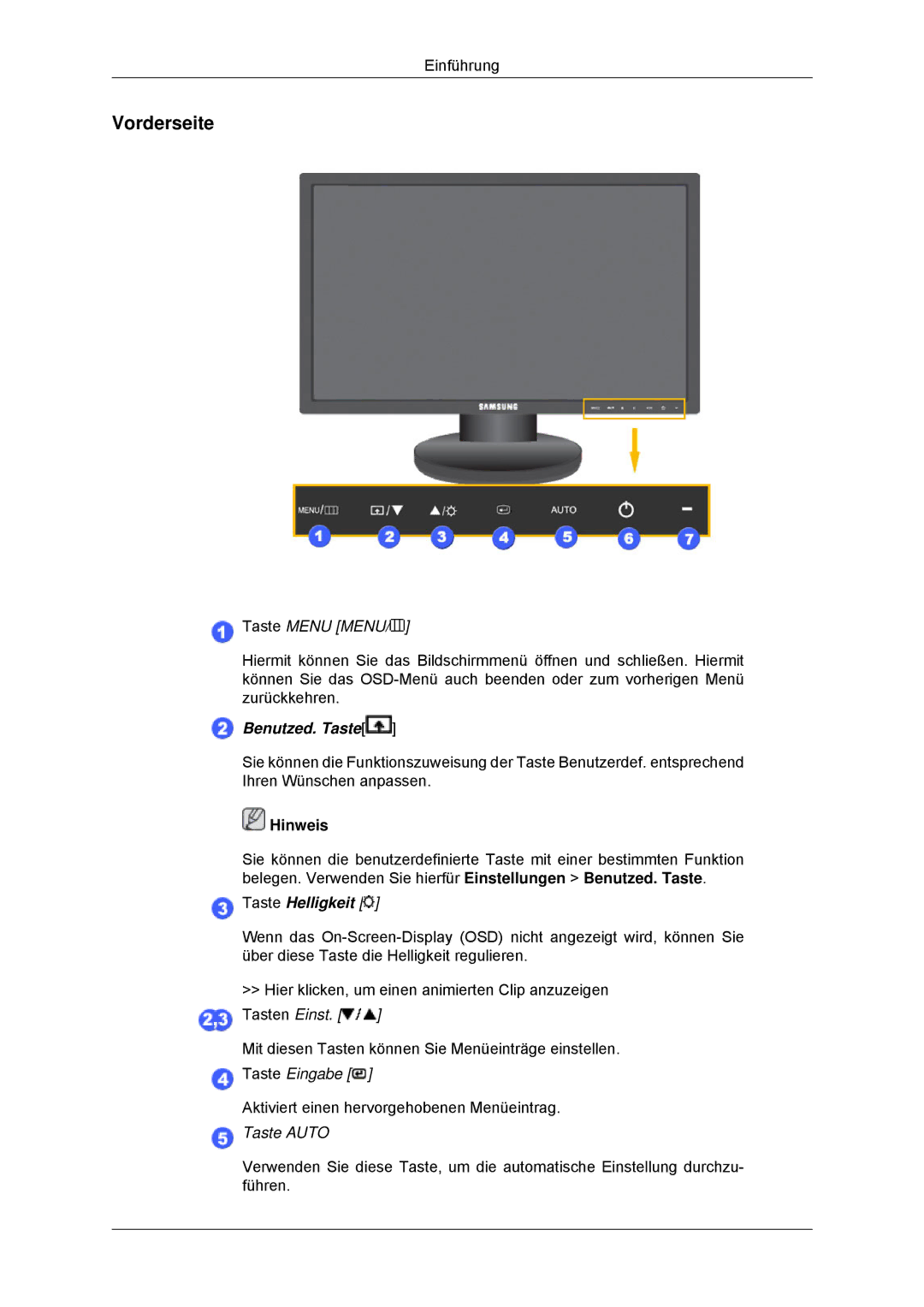 Samsung LS23MYYKBB/EDC, LS23MYYKBBA/EN manual Vorderseite, Taste Menu Menu 