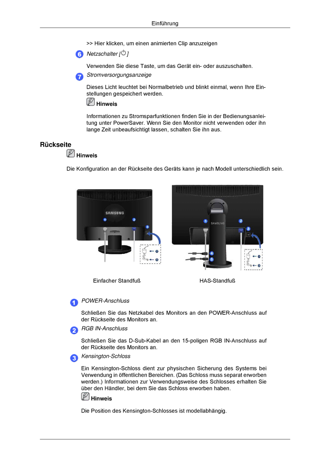 Samsung LS23MYYKBBA/EN, LS23MYYKBB/EDC manual Rückseite, Stromversorgungsanzeige 