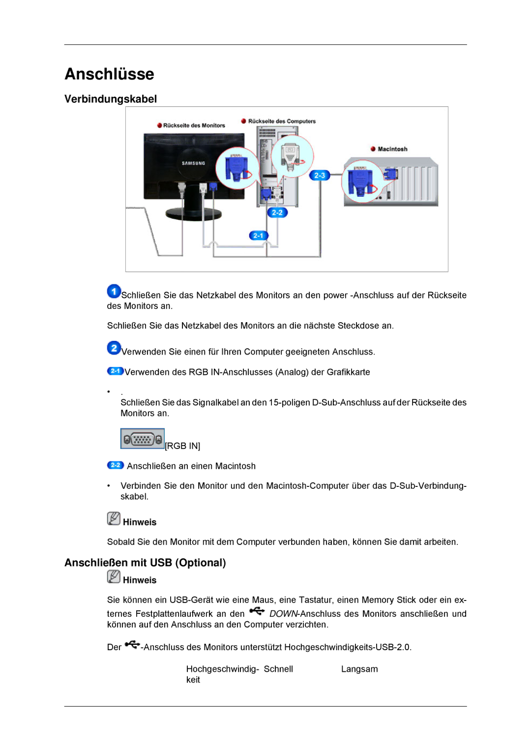 Samsung LS23MYYKBBA/EN, LS23MYYKBB/EDC manual Anschlüsse, Verbindungskabel, Anschließen mit USB Optional 