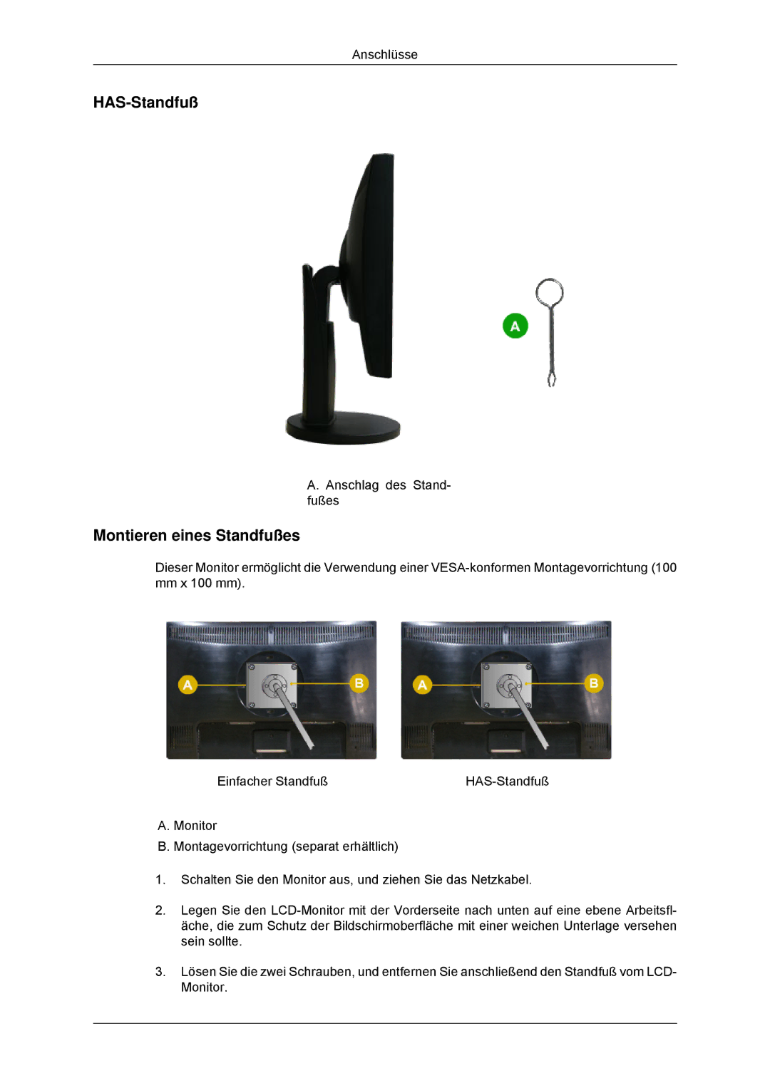 Samsung LS23MYYKBB/EDC, LS23MYYKBBA/EN manual HAS-Standfuß, Montieren eines Standfußes 