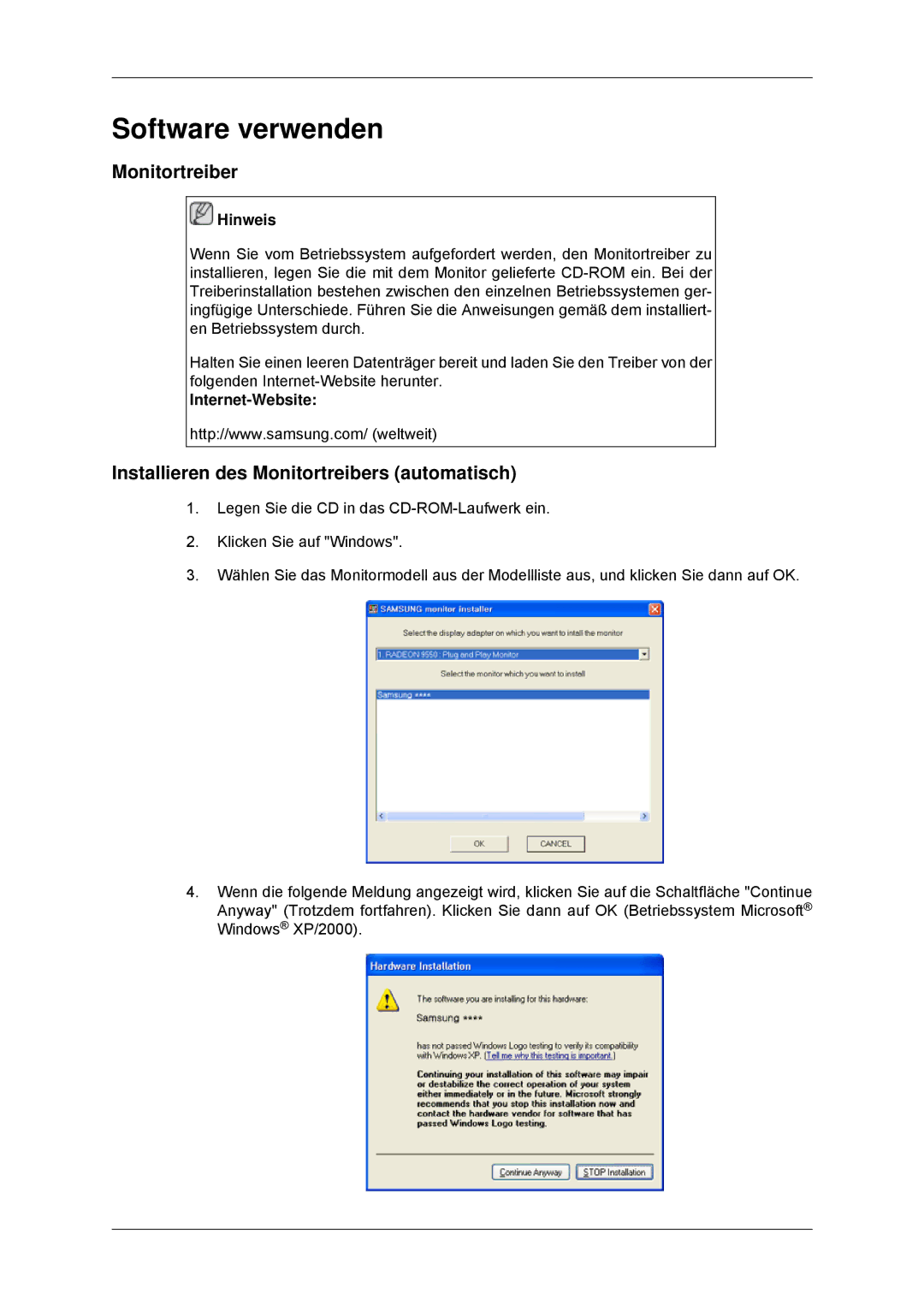 Samsung LS23MYYKBB/EDC manual Software verwenden, Installieren des Monitortreibers automatisch, Internet-Website 