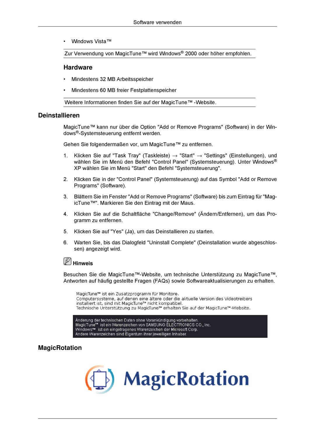 Samsung LS23MYYKBBA/EN, LS23MYYKBB/EDC manual Hardware, Deinstallieren, MagicRotation 