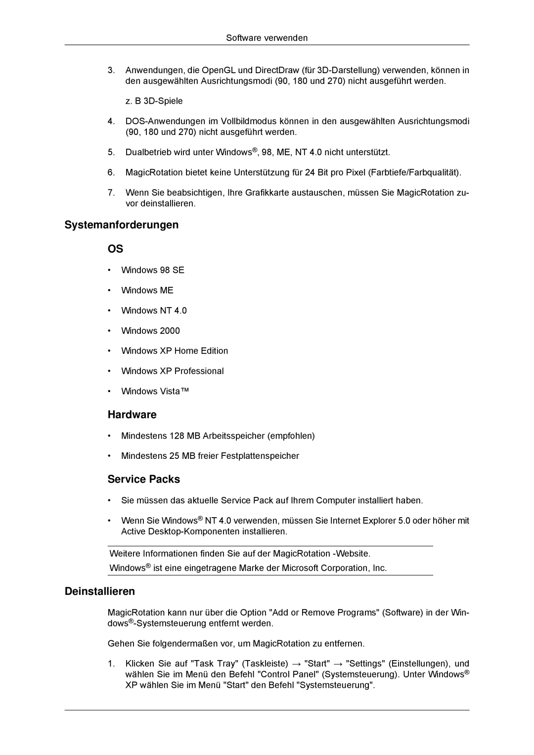 Samsung LS23MYYKBBA/EN, LS23MYYKBB/EDC manual Systemanforderungen, Service Packs 