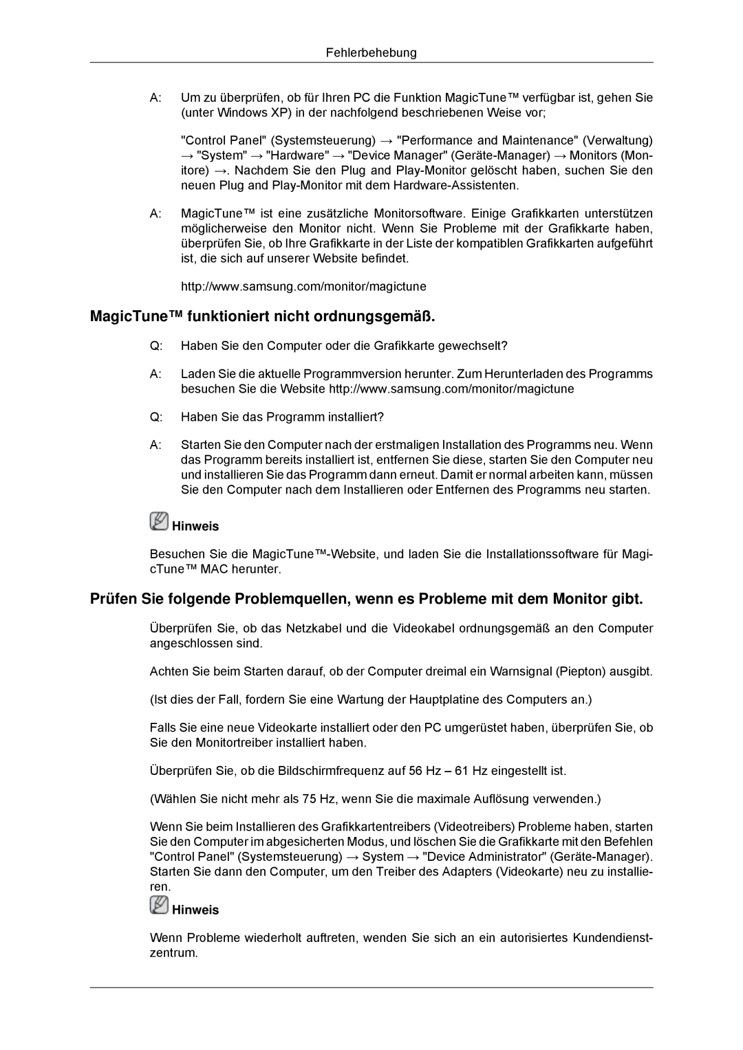 Samsung LS23MYYKBBA/EN, LS23MYYKBB/EDC manual MagicTune funktioniert nicht ordnungsgemäß, Hinweis 