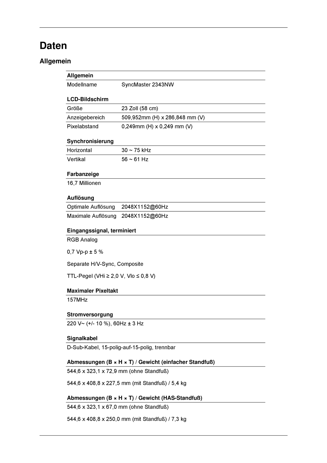 Samsung LS23MYYKBBA/EN, LS23MYYKBB/EDC manual Daten, Allgemein 