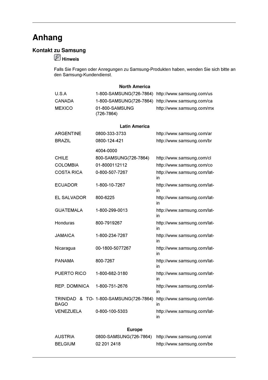 Samsung LS23MYYKBB/EDC, LS23MYYKBBA/EN manual Anhang, Kontakt zu Samsung, North America, Latin America, Europe 