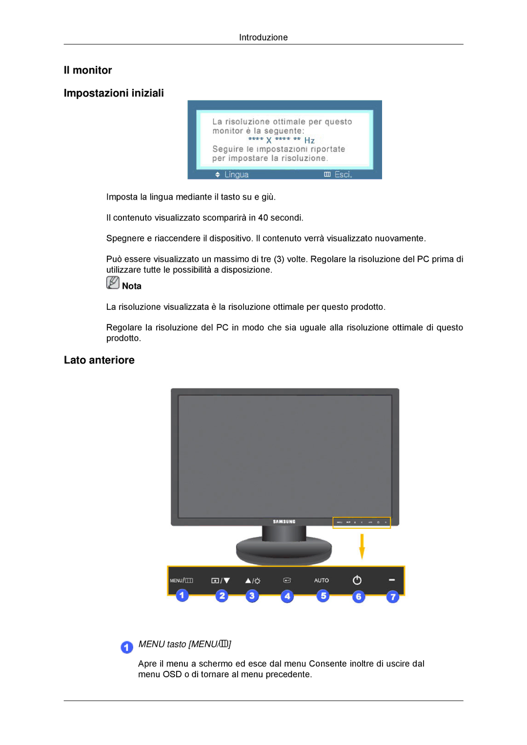 Samsung LS23MYYKBBA/EN, LS23MYYKBB/EDC manual Il monitor Impostazioni iniziali, Lato anteriore 