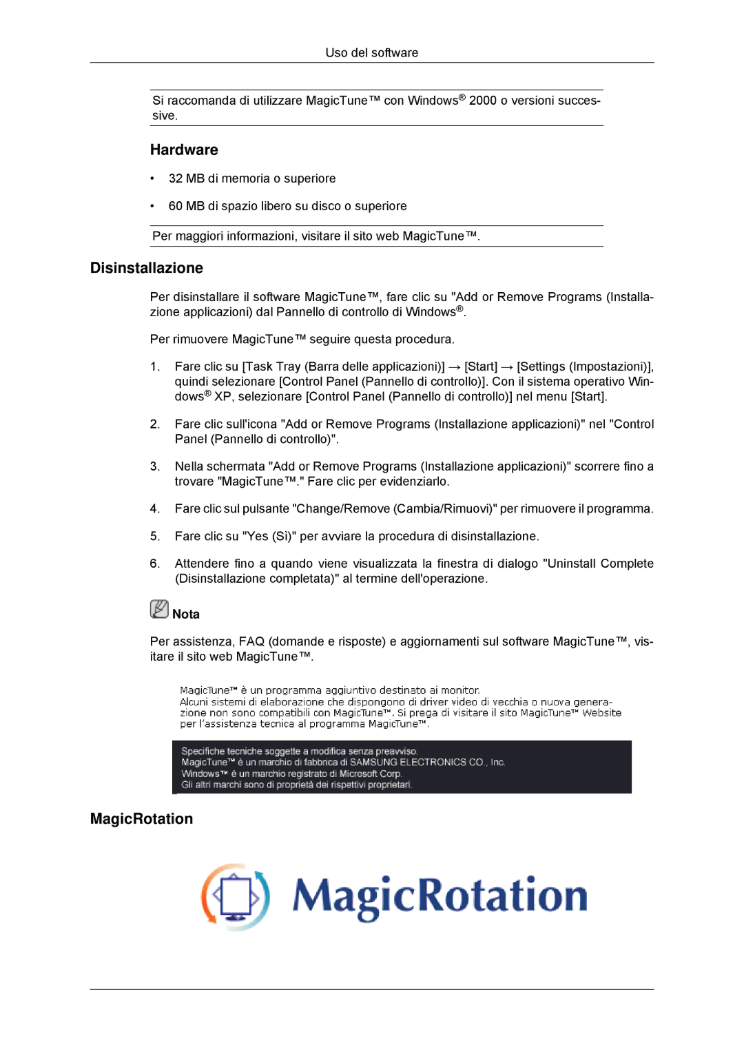 Samsung LS23MYYKBBA/EN, LS23MYYKBB/EDC manual Hardware, Disinstallazione, MagicRotation 