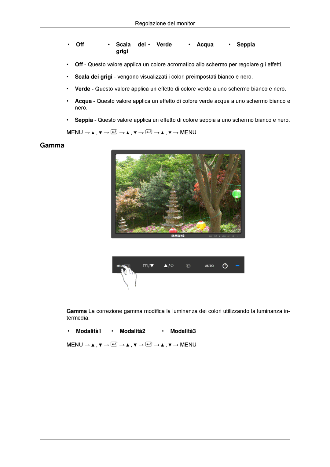 Samsung LS23MYYKBBA/EN, LS23MYYKBB/EDC manual Gamma, Off Scala dei Verde Acqua Seppia Grigi, Modalità1 Modalità2 Modalità3 