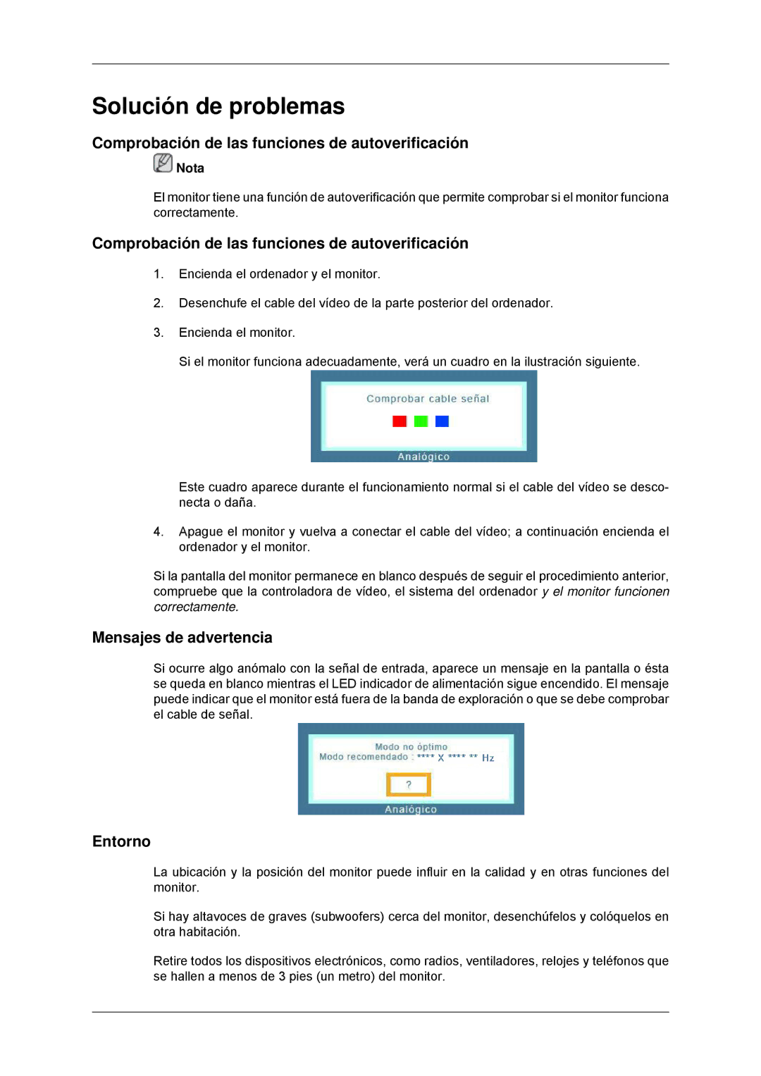 Samsung LS23MYYKBB/EDC, LS23MYYKBBA/EN Comprobación de las funciones de autoverificación, Mensajes de advertencia, Entorno 