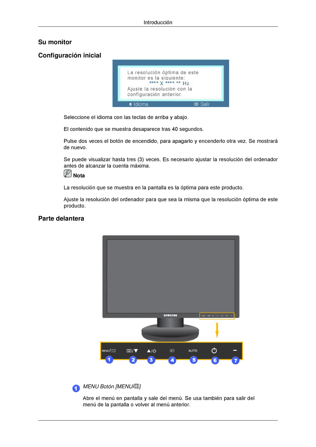 Samsung LS23MYYKBBA/EN, LS23MYYKBB/EDC manual Su monitor Configuración inicial, Parte delantera 