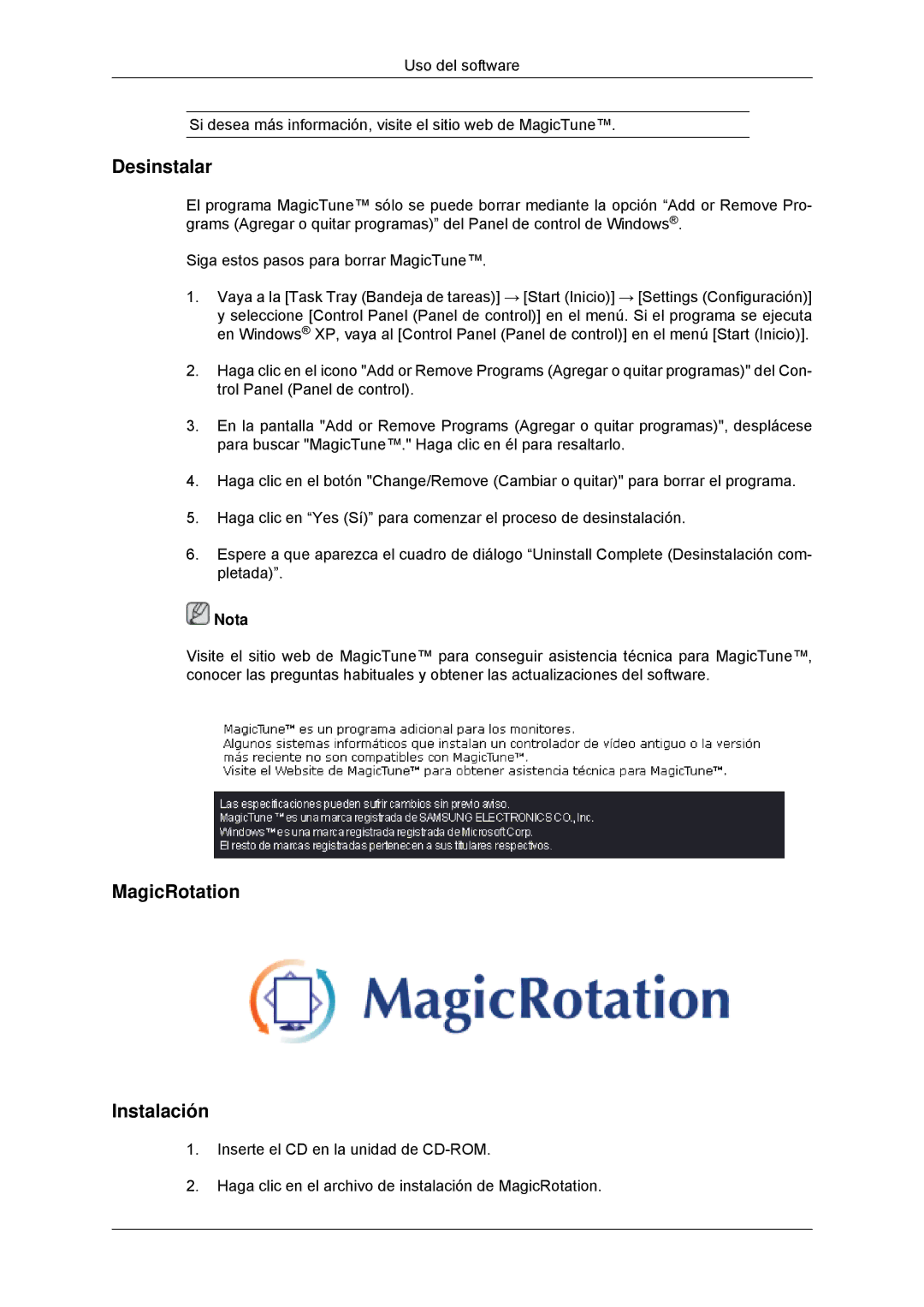 Samsung LS23MYYKBBA/EN, LS23MYYKBB/EDC manual Desinstalar, MagicRotation Instalación 