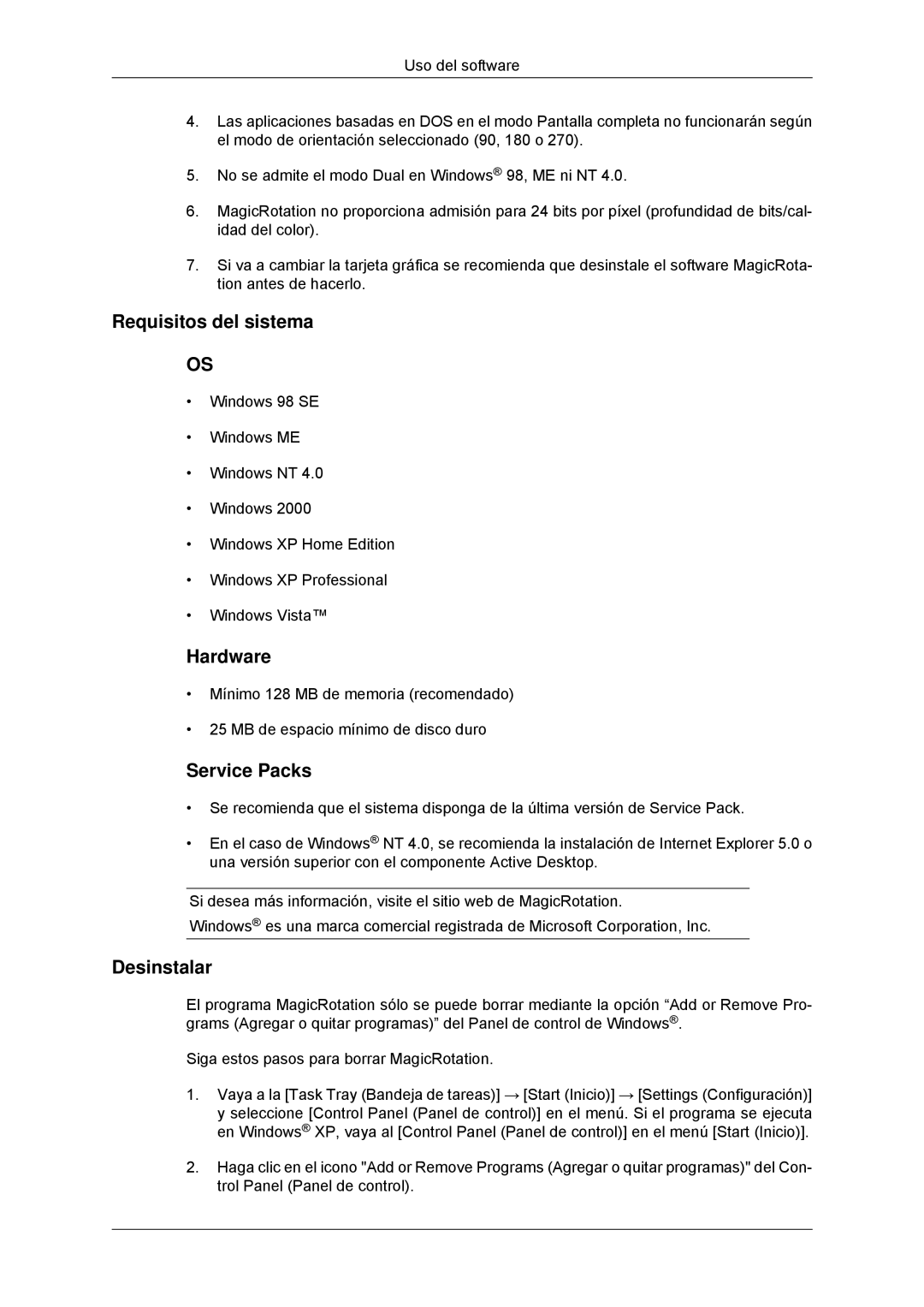 Samsung LS23MYYKBBA/EN, LS23MYYKBB/EDC manual Requisitos del sistema, Service Packs 