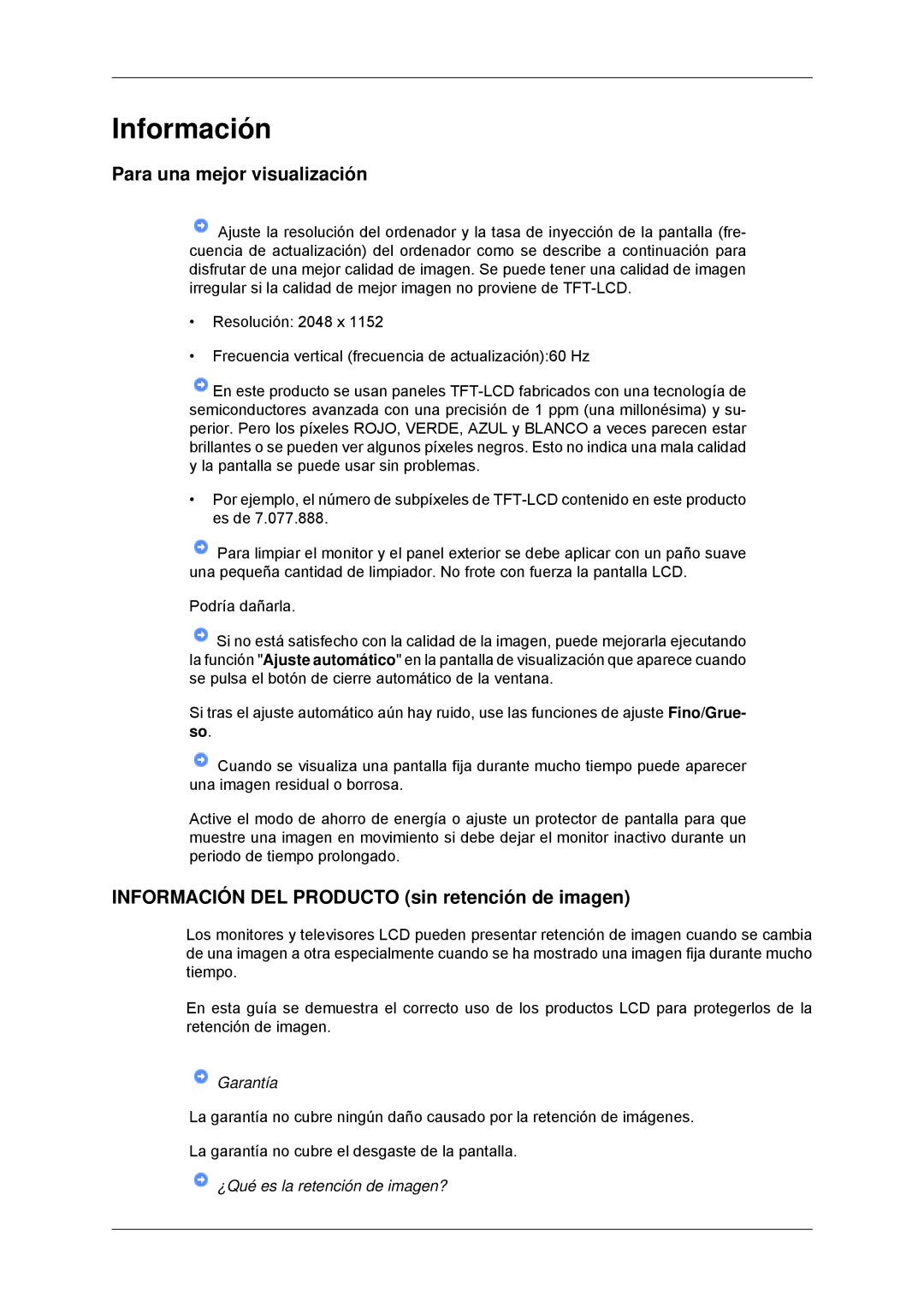 Samsung LS23MYYKBB/EDC, LS23MYYKBBA/EN Para una mejor visualización, Información DEL Producto sin retención de imagen 