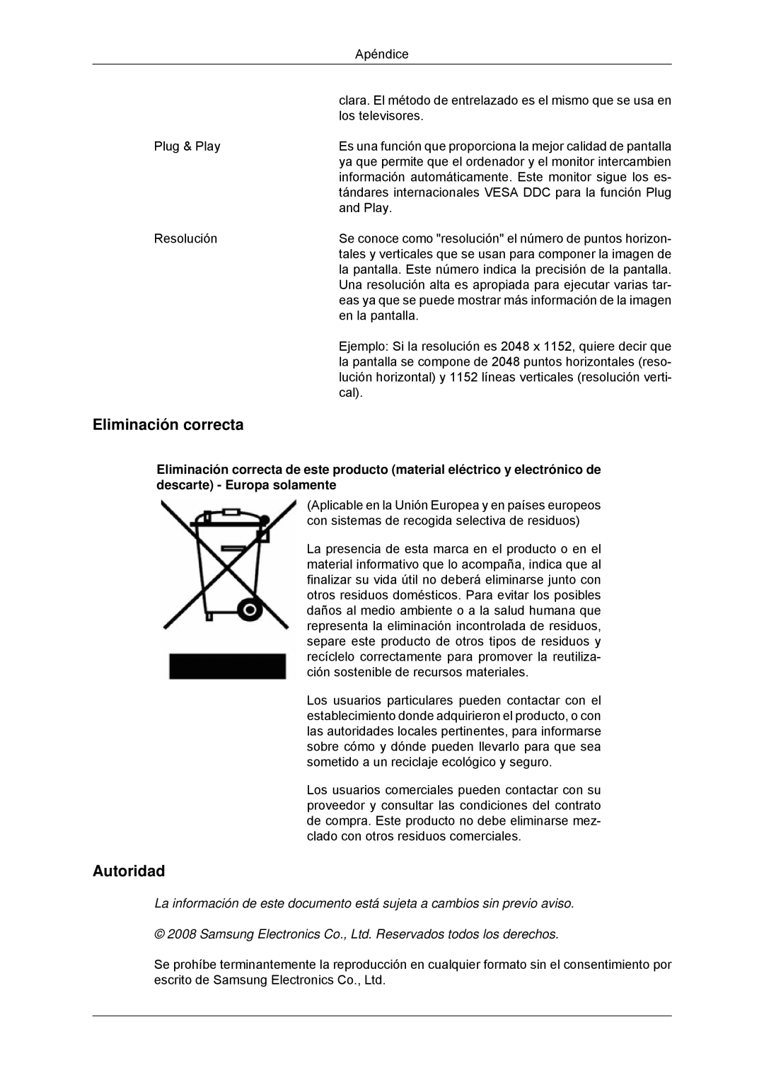 Samsung LS23MYYKBBA/EN, LS23MYYKBB/EDC manual Eliminación correcta, Autoridad 