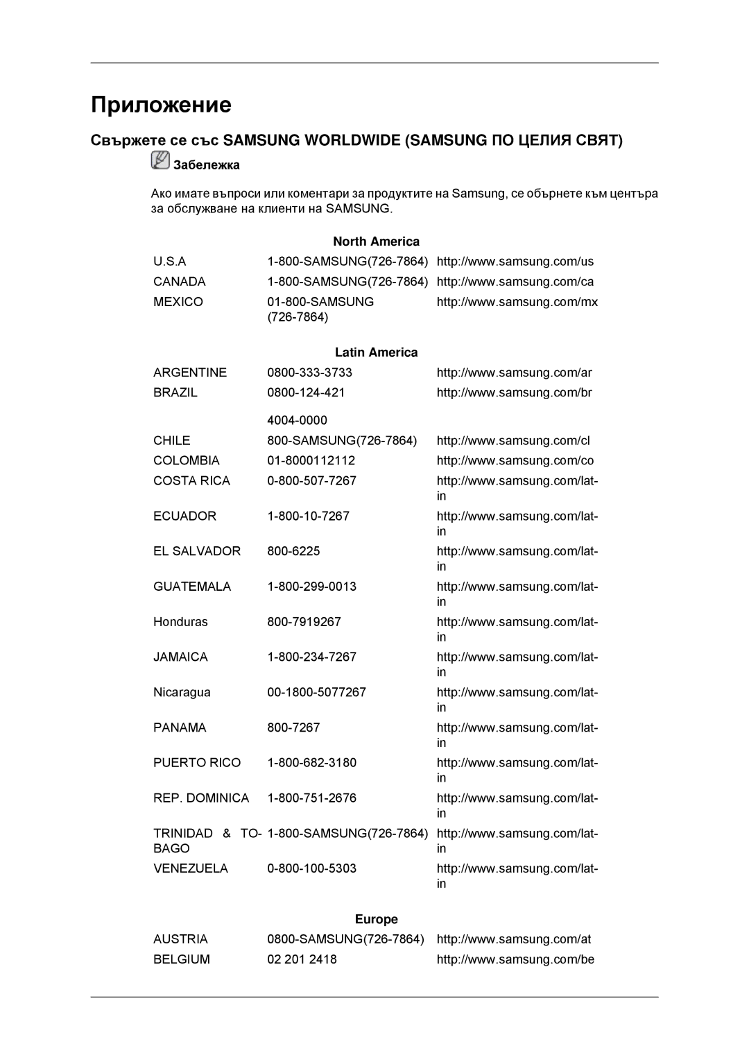 Samsung LS23MYYKBBA/EN Приложение, Свържете се със Samsung Worldwide Samsung ПО Целия Свят, North America, Latin America 