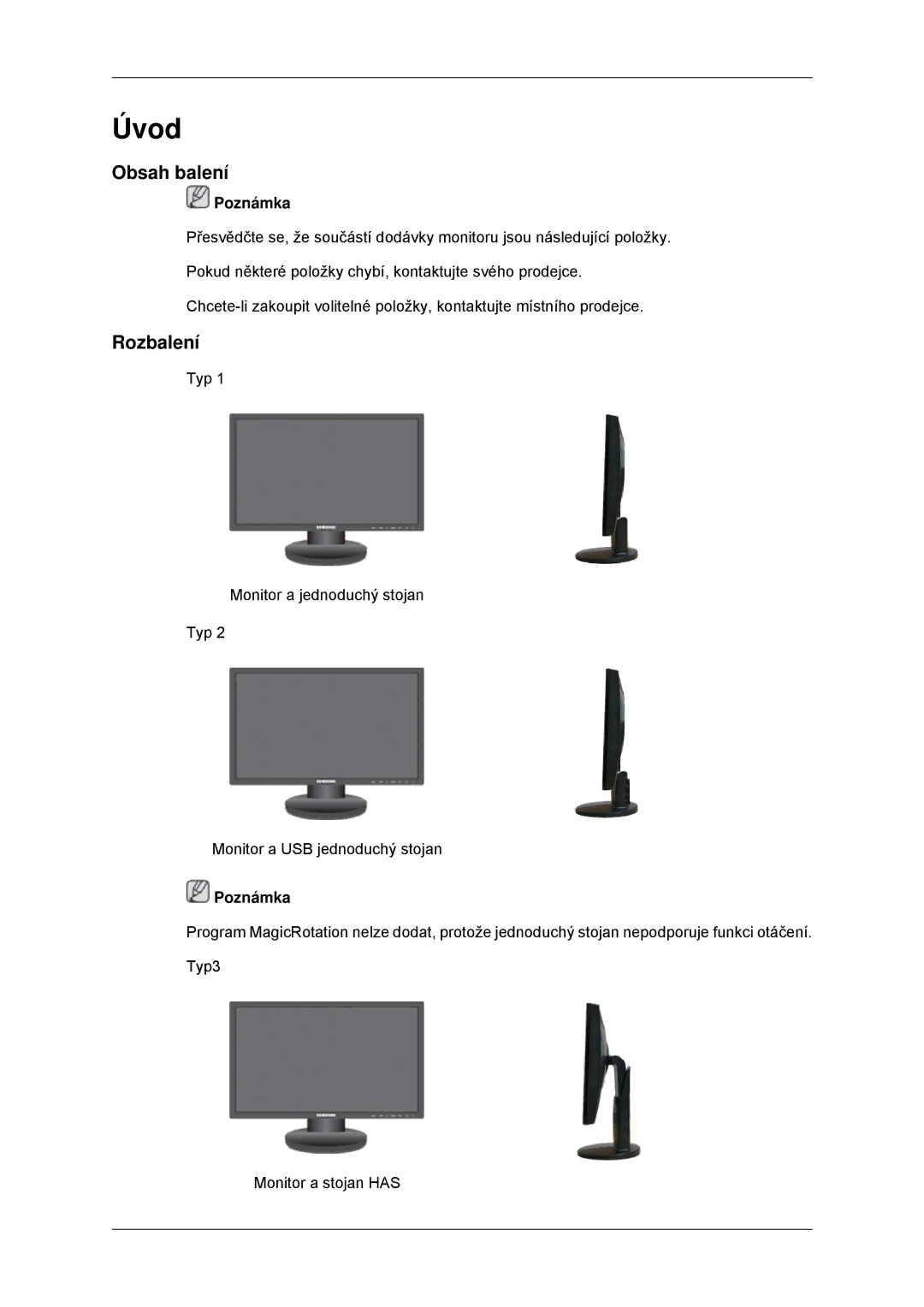 Samsung LS23MYYKBBA/EN, LS23MYYKBB/EDC manual Úvod, Obsah balení, Rozbalení 