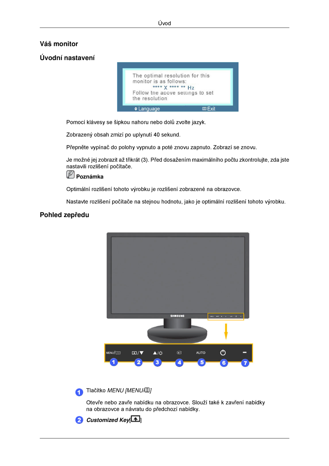 Samsung LS23MYYKBBA/EN, LS23MYYKBB/EDC manual Váš monitor Úvodní nastavení, Pohled zepředu 